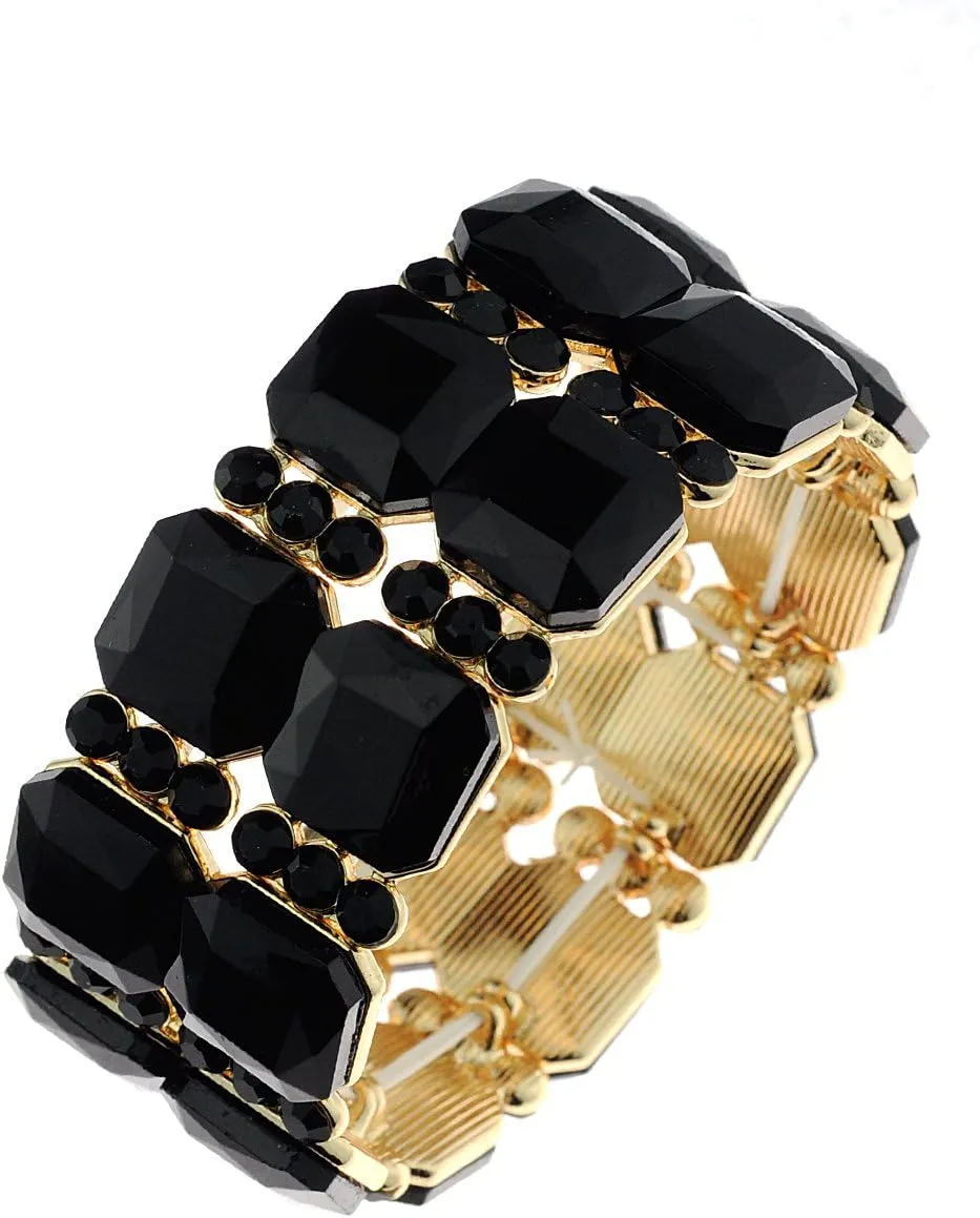 NYFASHION101 Women's Dual Row Gemstone Stretch Bracelet Evening Bangle, Black/Gold-Tone