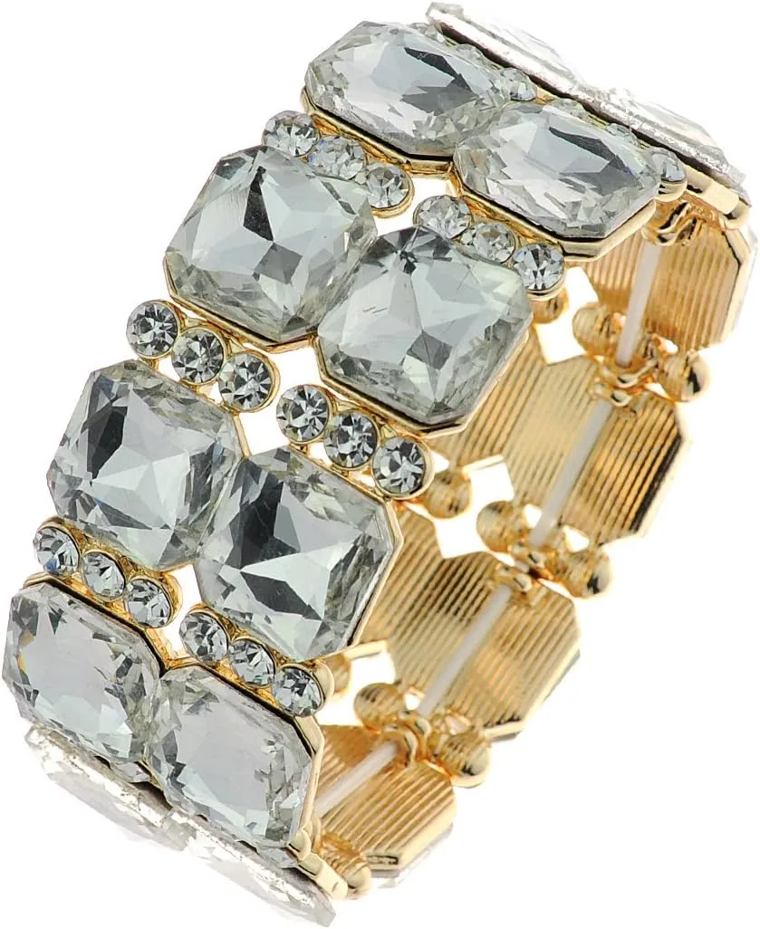 NYFASHION101 Women's Dual Row Gemstone Stretch Bracelet Evening Bangle, Clear/Gold-Tone