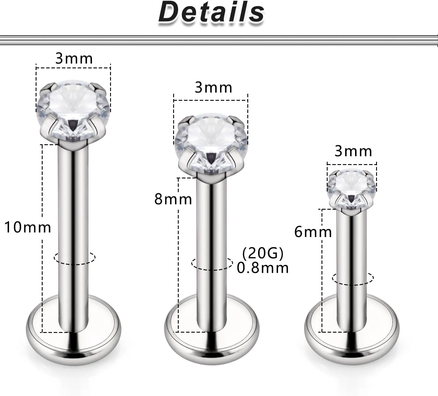 Ocptiy 20G 18G 16G Titanium Flat Back Nose Rings Studs Hypoallergenic Lip Labret Monroe Medusa Internally threaded Tragus Cartilage Helix Earrings Studs Piercing Jewelry for Women Men 6mm 8mm 10mm