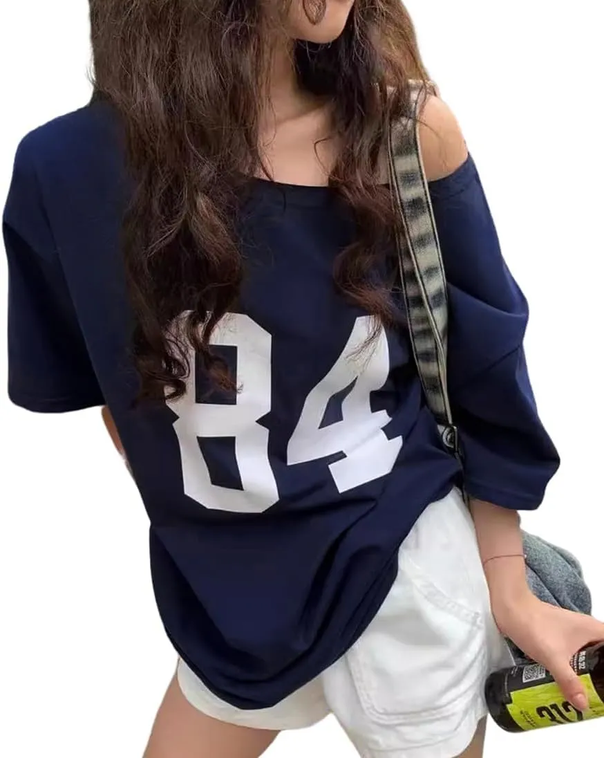 Off The Shoulder Tops for Women Short Sleeve Y2K Jersey Number Graphic Oversized Tshirts E-Girl Tees