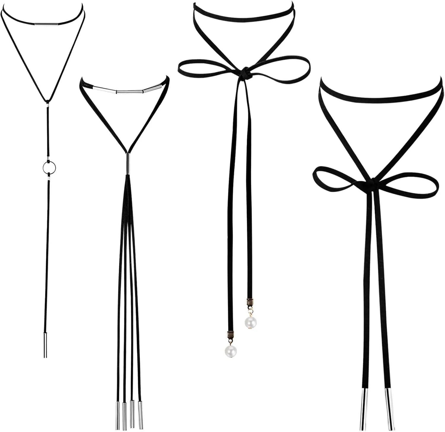 OIDEA Assorted Style 4 pcs Womens Gothic Black Leather Velvet Long Choker Collar Chain Tassle Wrap Necklace