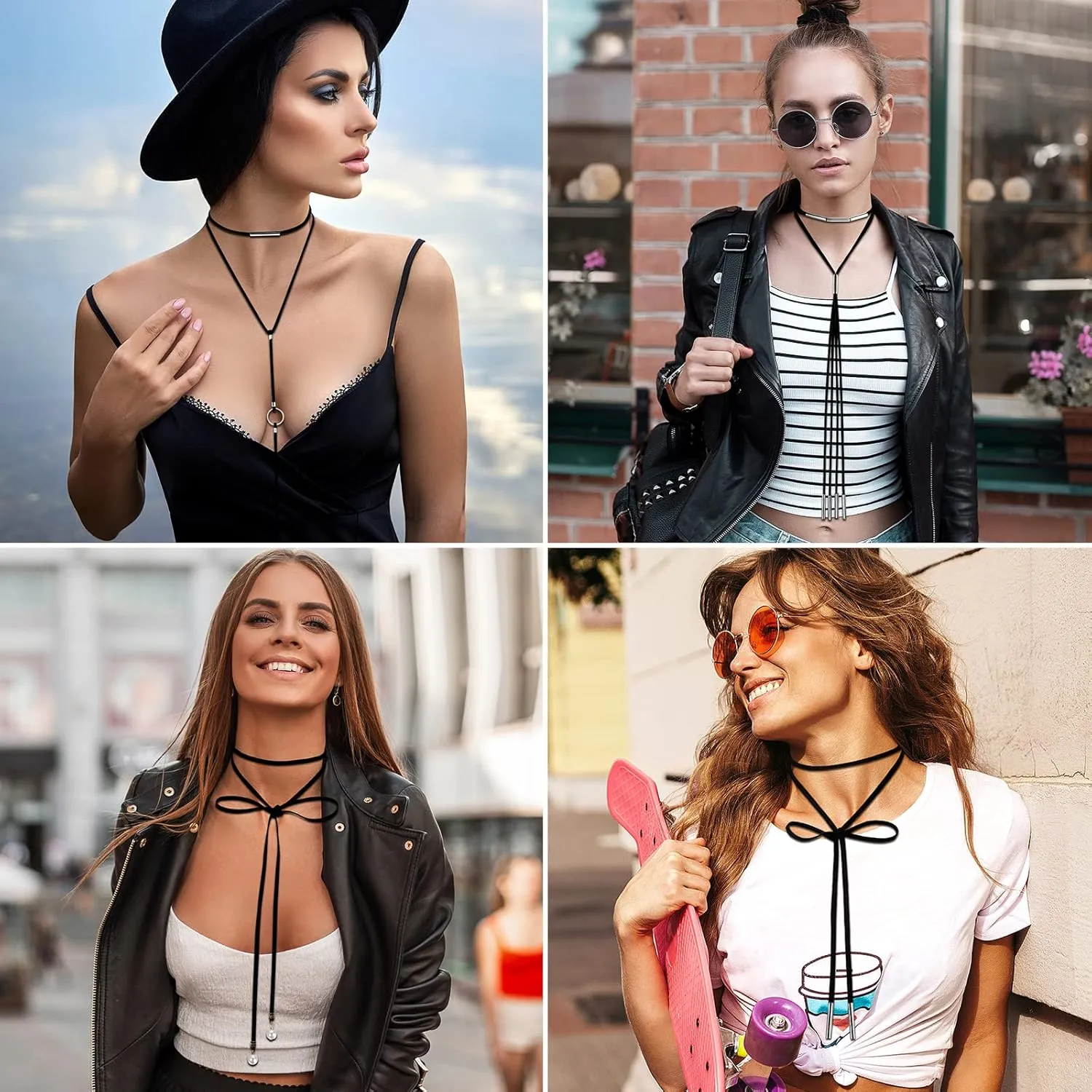 OIDEA Assorted Style 4 pcs Womens Gothic Black Leather Velvet Long Choker Collar Chain Tassle Wrap Necklace
