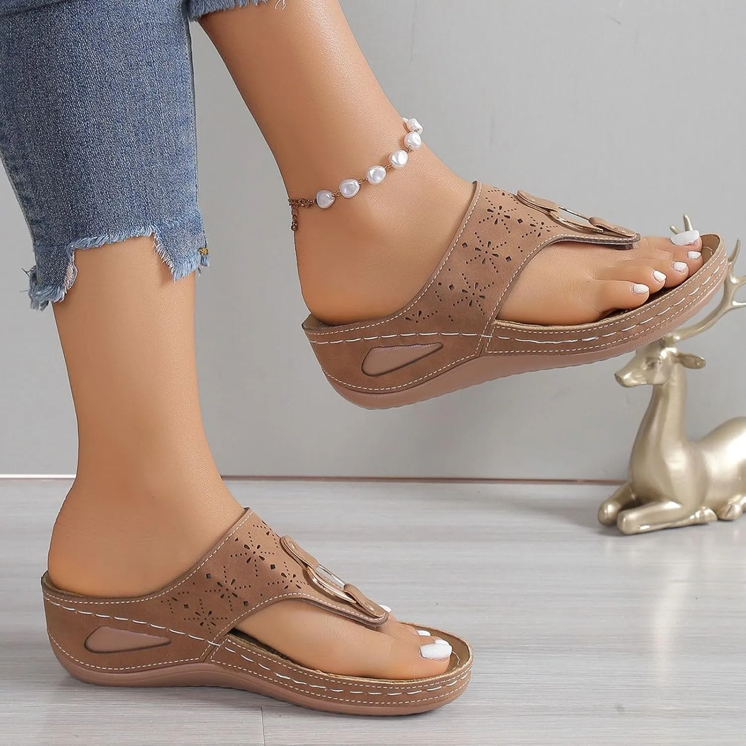 Orthopedic Flip Flops Women Arch Support Summer Slip On Wedge Slippers Comfortable Open Toe Thong Sandal Wide Width Beach Slides