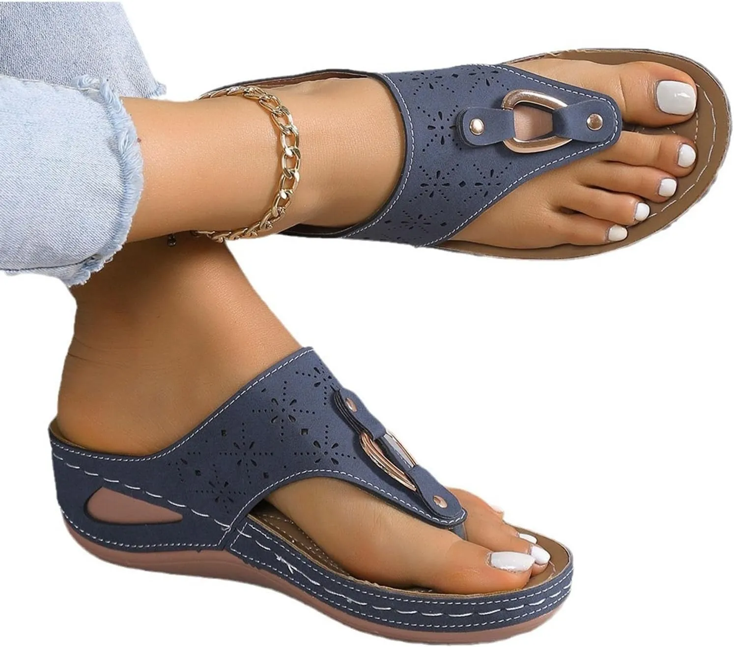 Orthopedic Flip Flops Women Arch Support Summer Slip On Wedge Slippers Comfortable Open Toe Thong Sandal Wide Width Beach Slides