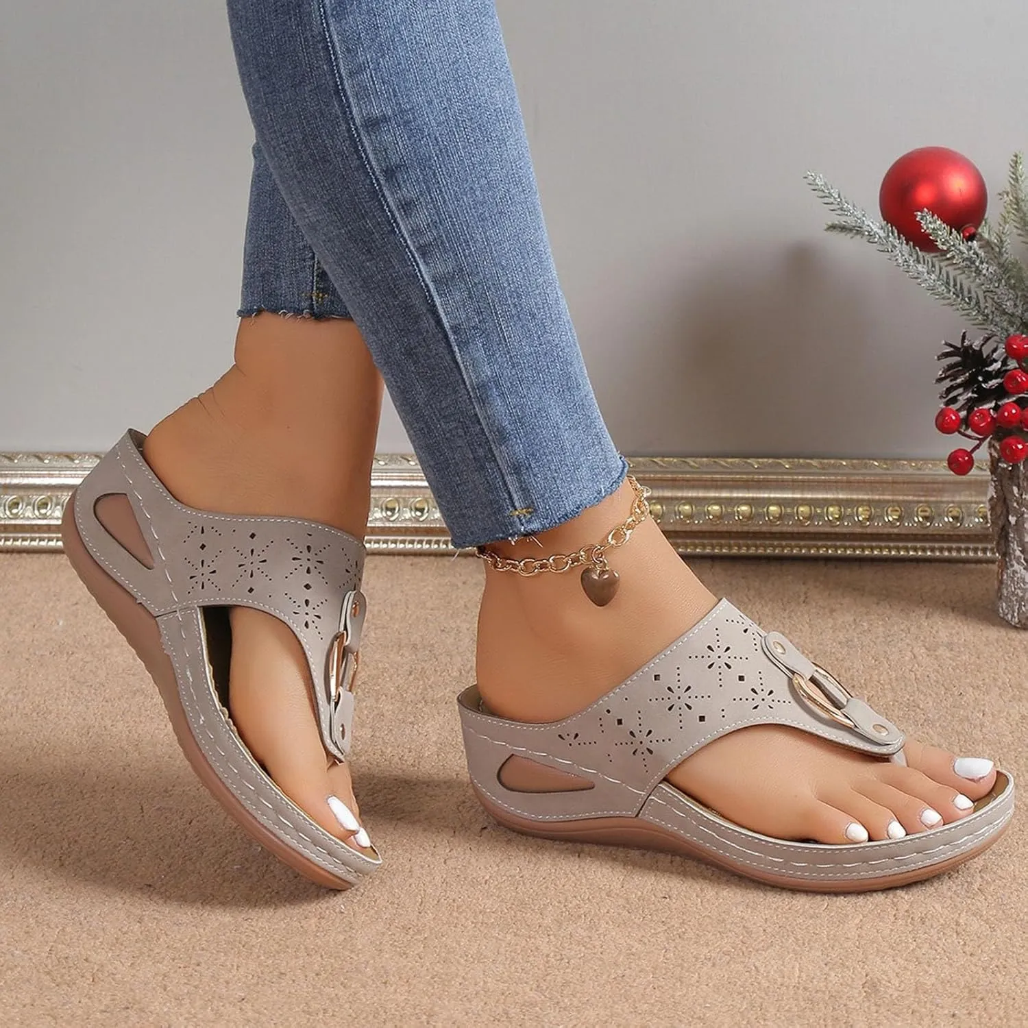 Orthopedic Flip Flops Women Arch Support Summer Slip On Wedge Slippers Comfortable Open Toe Thong Sandal Wide Width Beach Slides