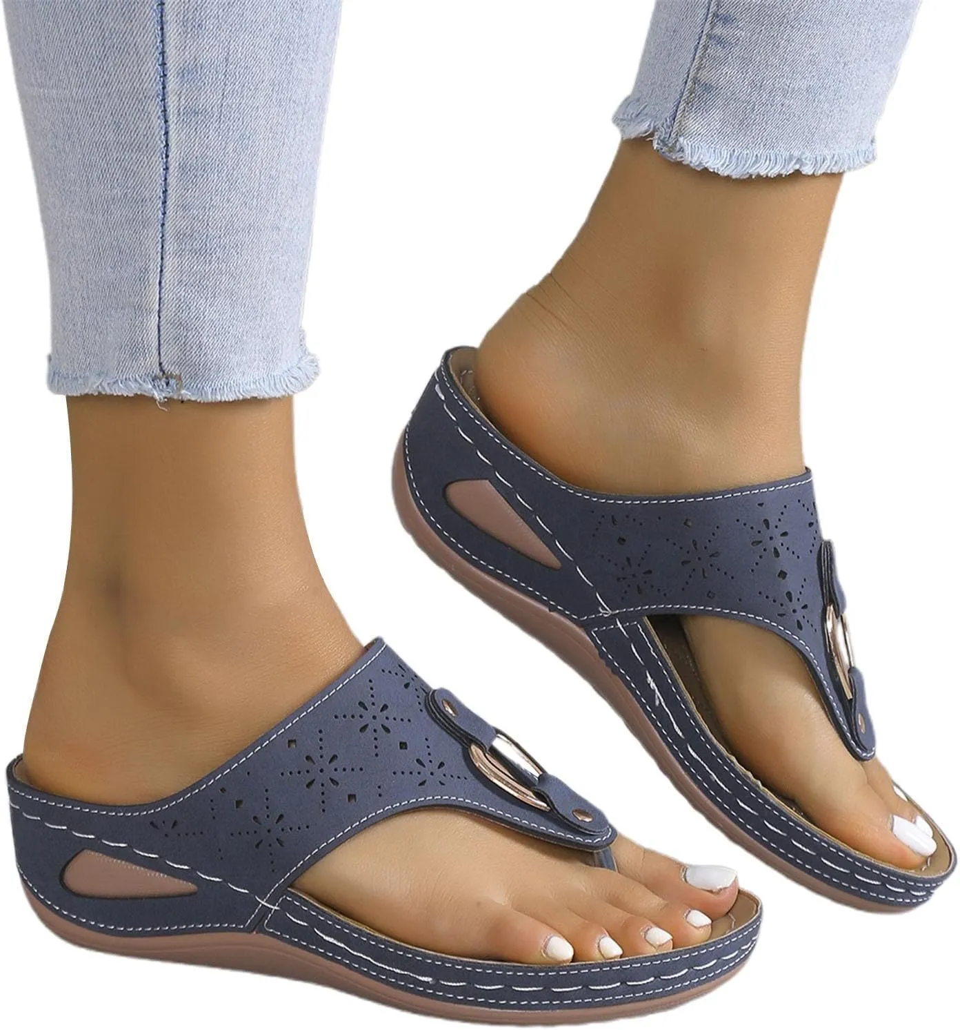 Orthopedic Flip Flops Women Arch Support Summer Slip On Wedge Slippers Comfortable Open Toe Thong Sandal Wide Width Beach Slides