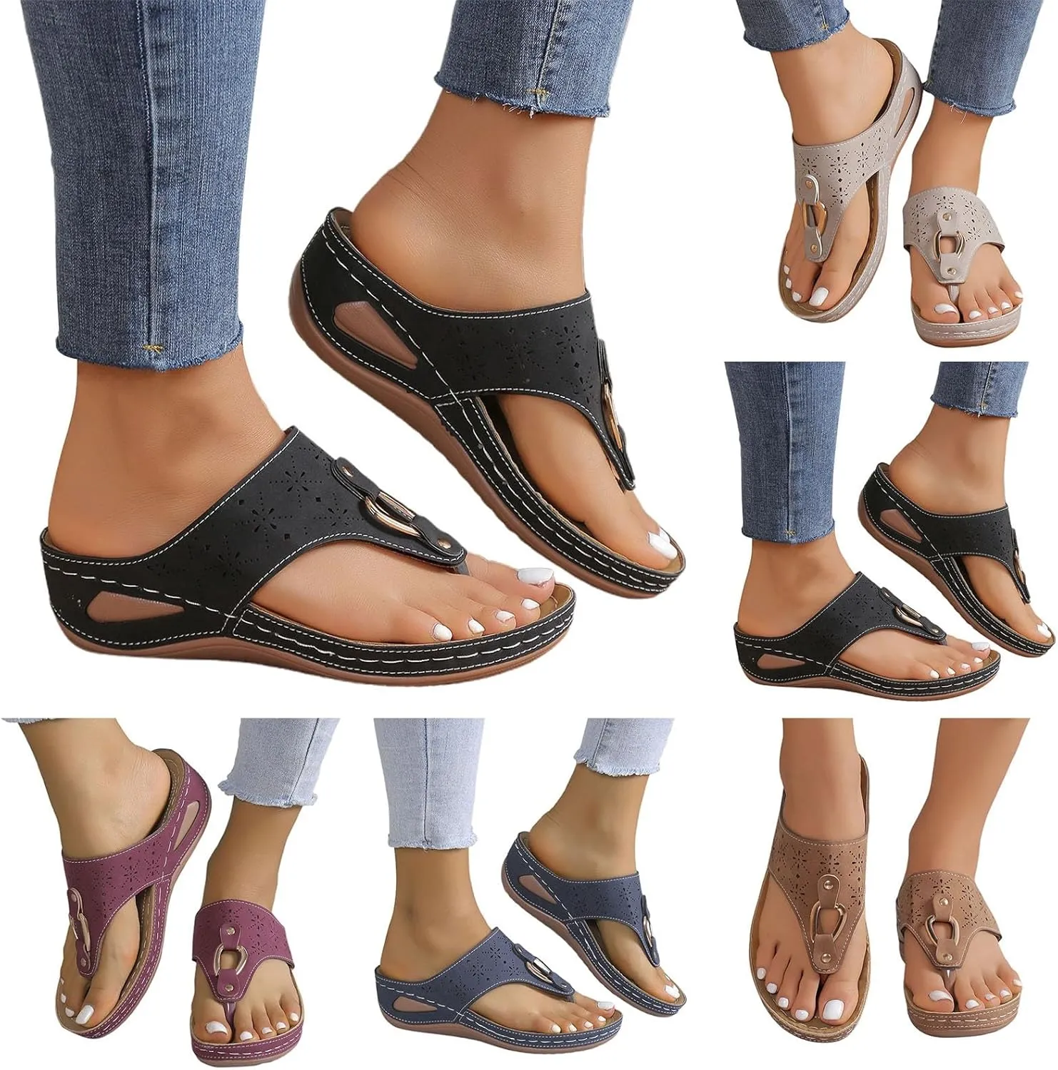 Orthopedic Flip Flops Women Arch Support Summer Slip On Wedge Slippers Comfortable Open Toe Thong Sandal Wide Width Beach Slides
