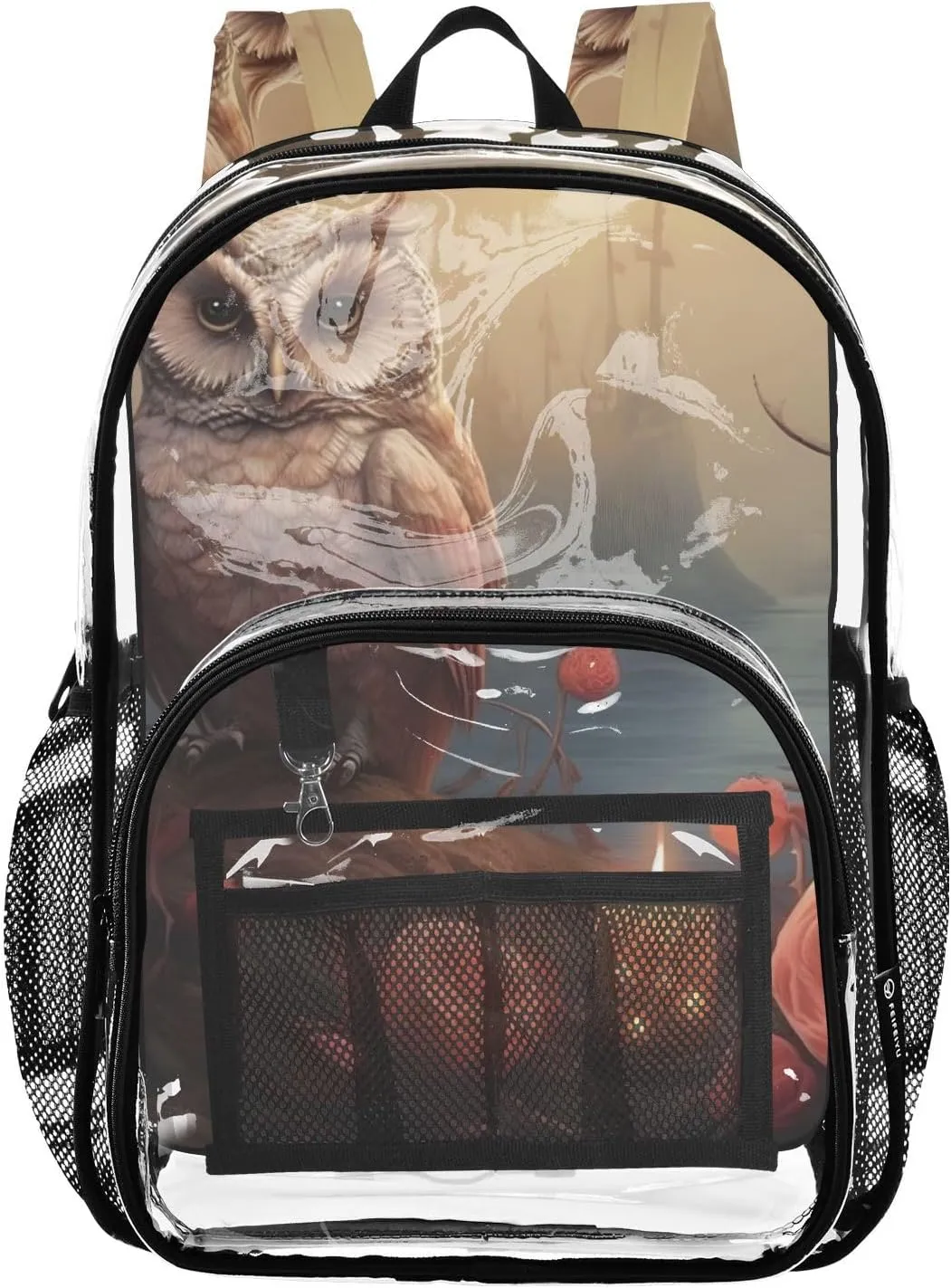 Owl and Roses Clear Plastic Backpack - Transparent PVC Heavy Duty Bag with Large Main Pocket and Mesh Pockets - Ideal for School, Travel, Outings - Clear Backpack for Everyday Use