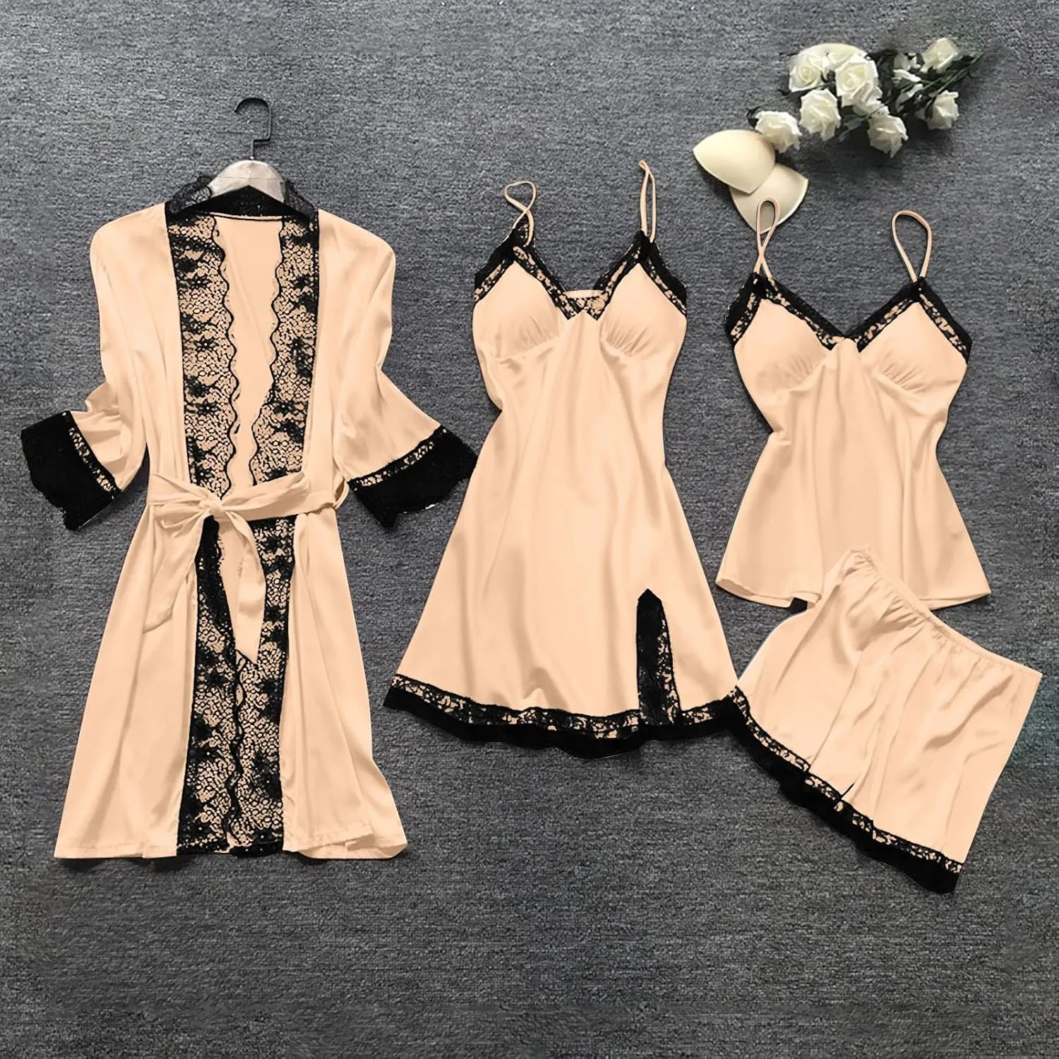 Pajamas for Women Silk Pajama Set 4pcs Robe Lingerie Satin Sleepwear Nightdress Lace Nightgown Sexy Set
