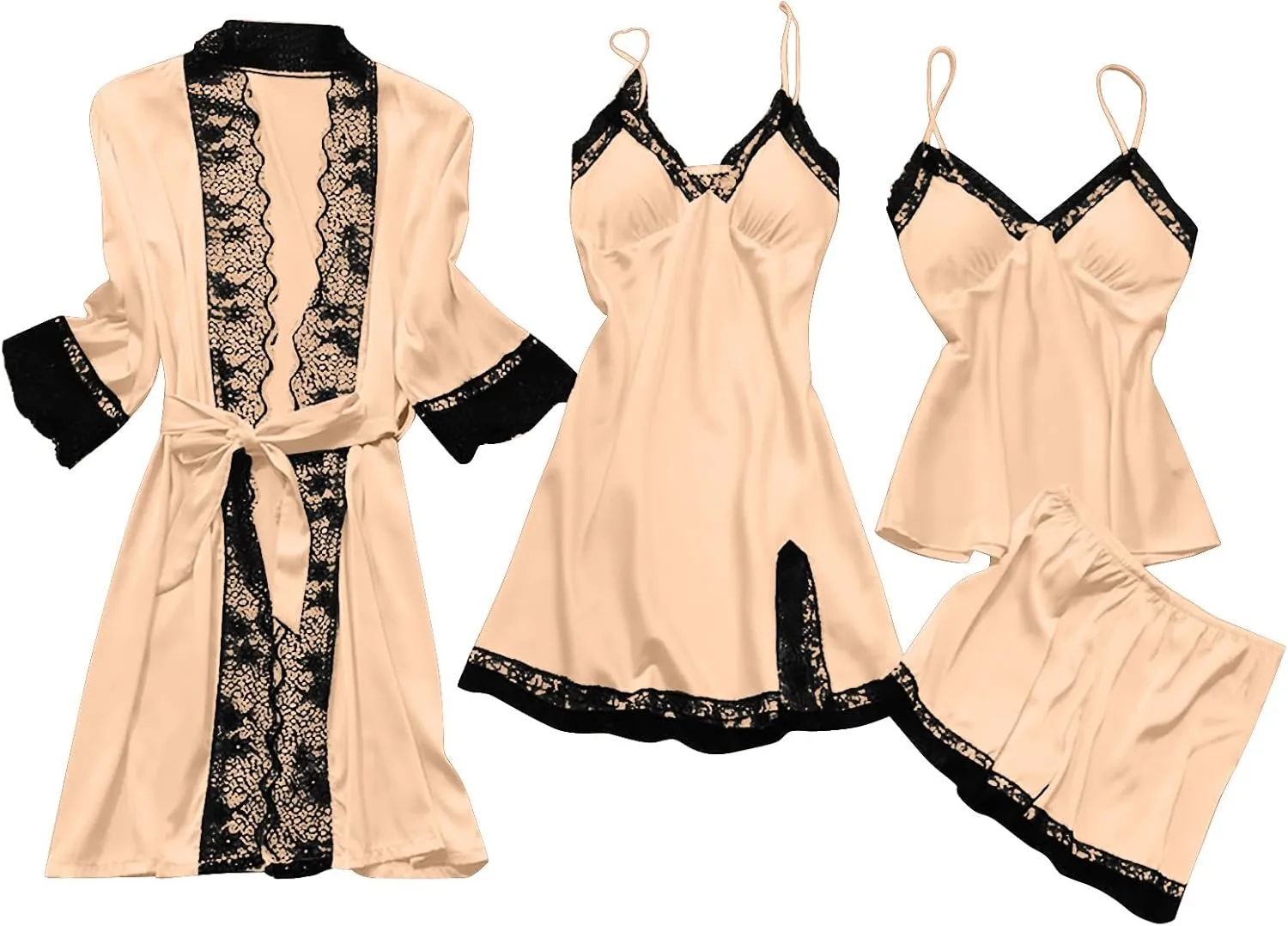 Pajamas for Women Silk Pajama Set 4pcs Robe Lingerie Satin Sleepwear Nightdress Lace Nightgown Sexy Set