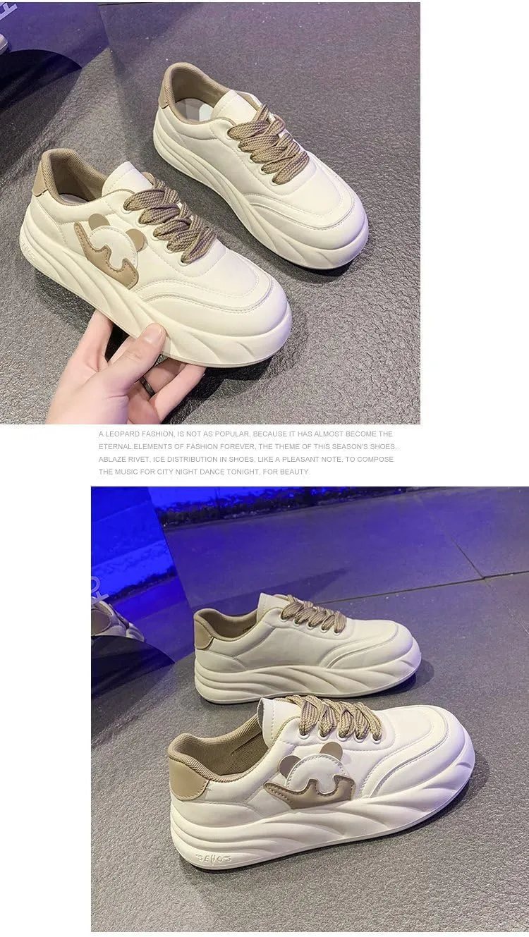 Panda Design Cute White Sneakers Chunky Platform Lace-up Comfy Non Slip Lightweight Softy Casual Shoes Kawaii Y2K Pretty Pastel Retro Trendy Fashion Gifts for Women Girls Back to School Everyday Wear
