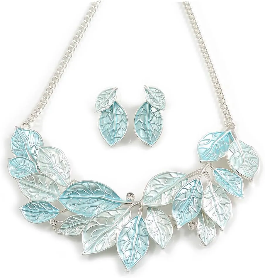 Pastel Mint Blue Enamel Leafy Necklace and Stud Earrings Set in Silver Tone - 42cm L/6cm Ext