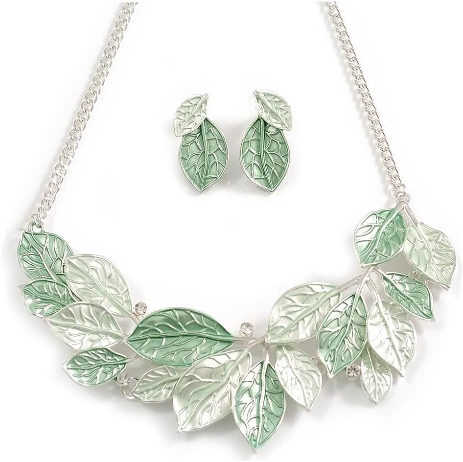 Pastel Mint Green Enamel Leafy Necklace and Stud Earrings Set in Silver Tone - 42cm L/6cm Ext