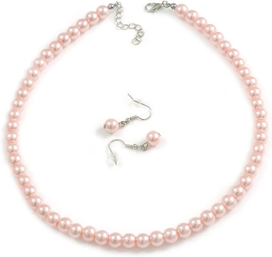 Pastel Pink Glass Bead Necklace and Drop Earring Set In Silver Metal/ 8mm/ 40cm L/ 4cm Ext