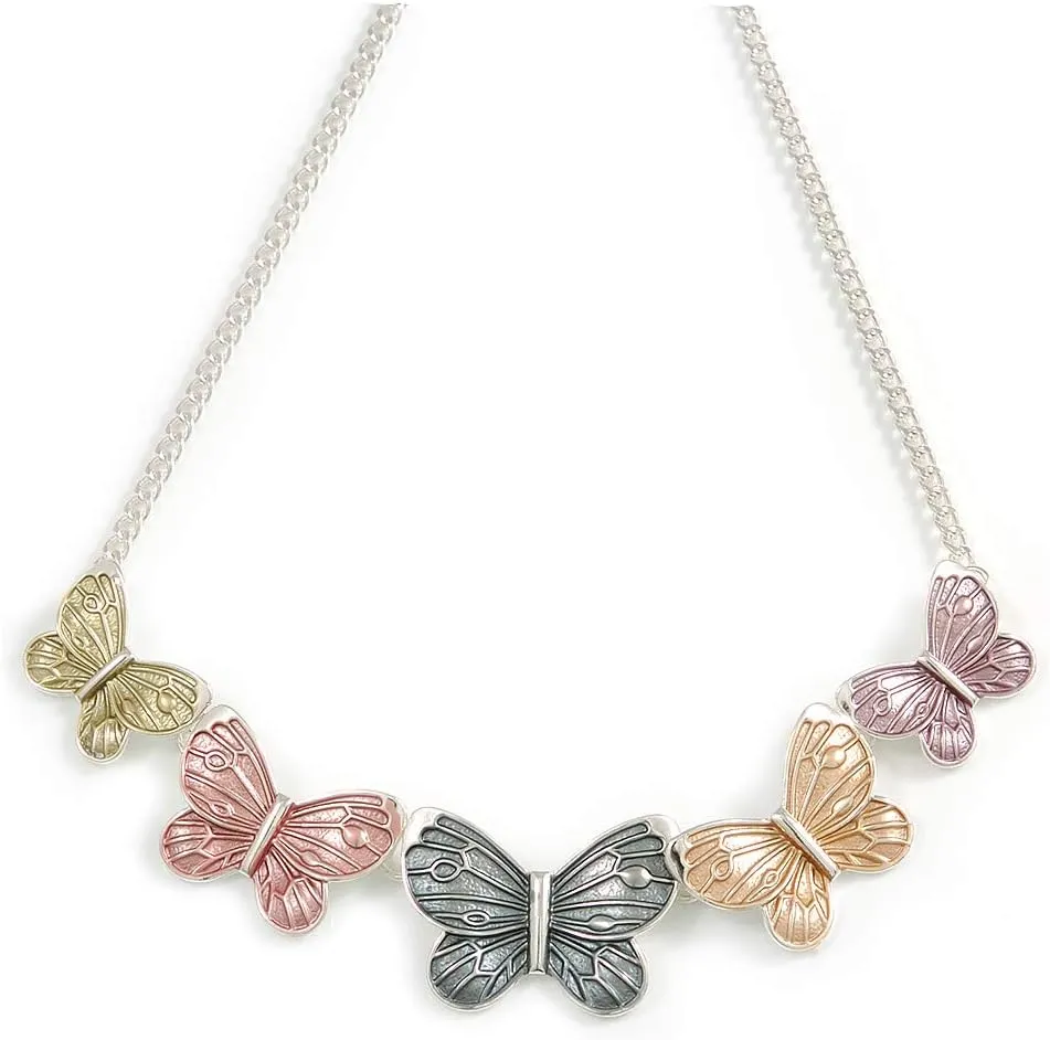 Pastel Pink/Grey/Yellow Enamel Butterfly with Silver Tone Chain Necklace - 40cm L/ 6cm Ext
