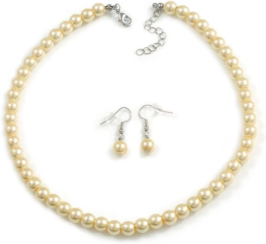 Pastel Yellow Glass Bead Necklace and Drop Earring Set In Silver Metal/ 8mm/ 40cm L/ 4cm Ext