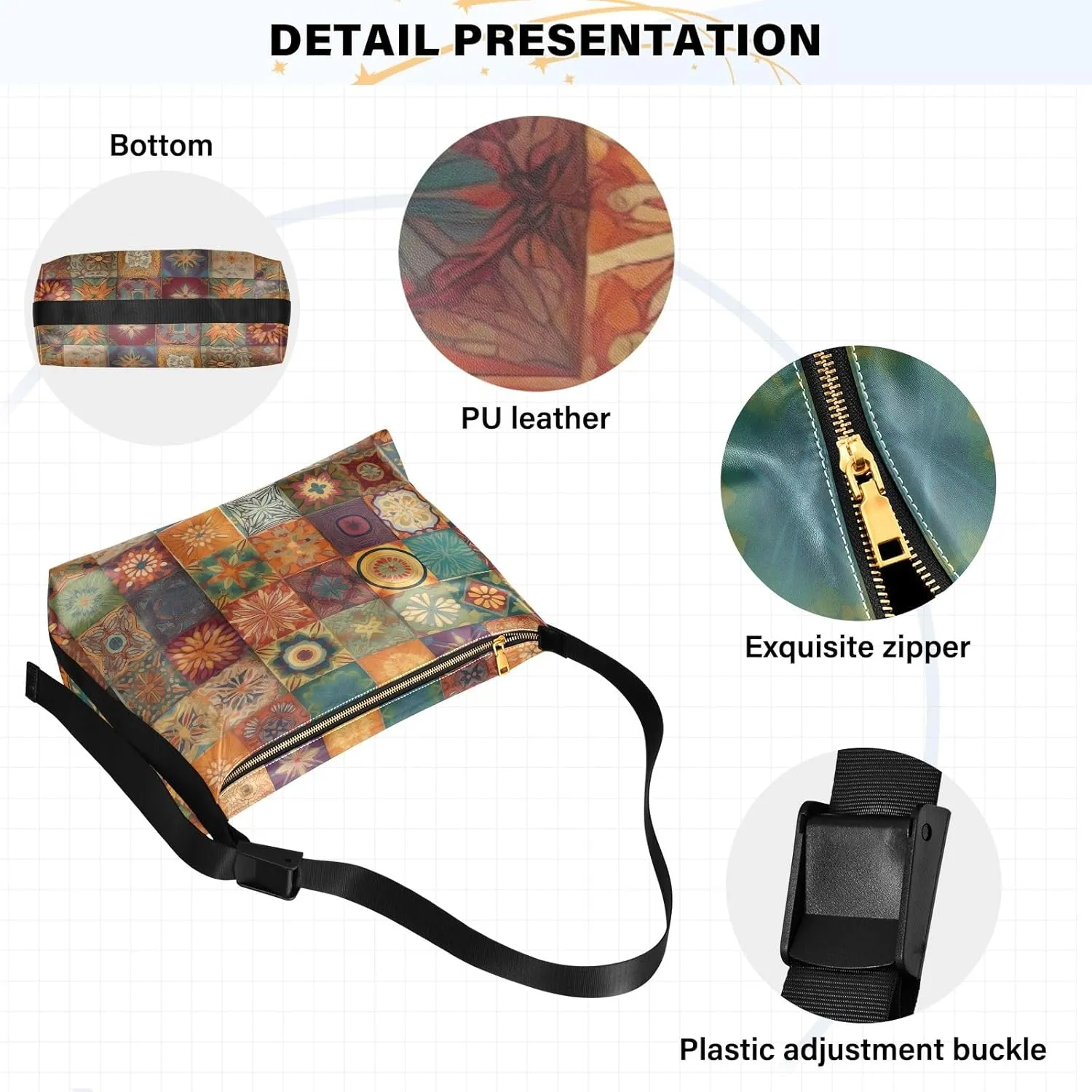 Patches of Buttons with Colors Cross Body Shoulder Bag Leather, Women's Shoulder Bag, Leather Shoulder Bag