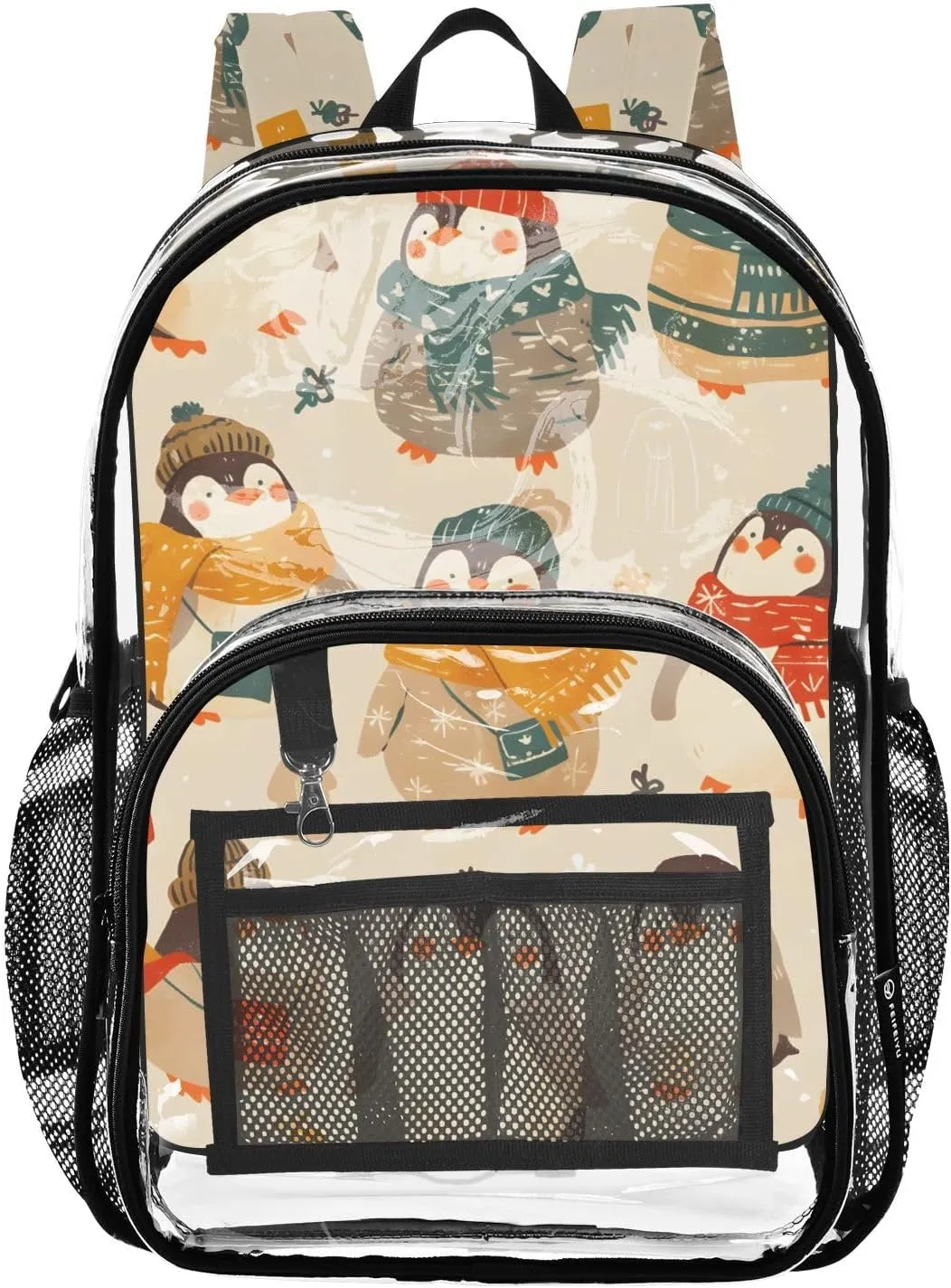 Penguins Scarf Clear Plastic Backpack - Transparent PVC Heavy Duty Bag with Large Main Pocket and Mesh Pockets - Ideal for School, Travel, Outings - Clear Backpack for Everyday Use