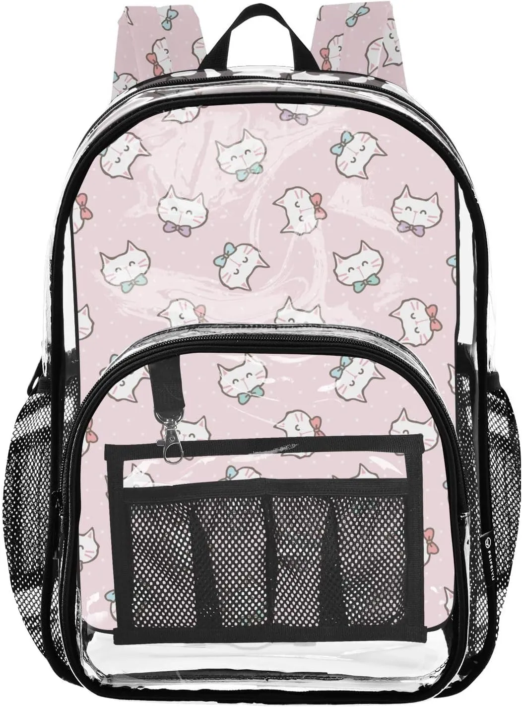 Pink Dots Cats Clear Backpack Transparent Bag for Girls Boys Kids Backpacks See Through Bookbag Plastic Daypack for School Stadium Travel College