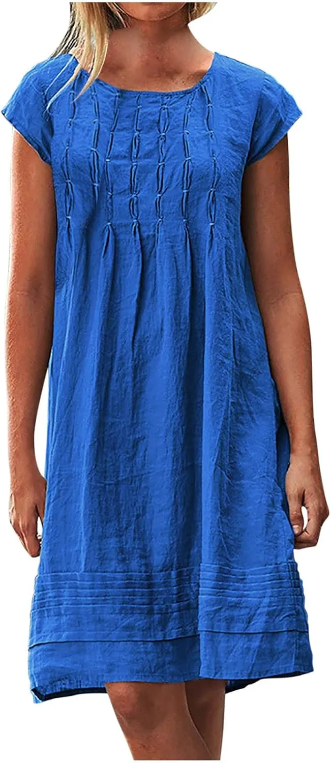 Pleated Cotton Linen Dresses for Women 2024 Knee Length Dress Plus Size Short Sleeve Shift Sundress Casual Beachwear