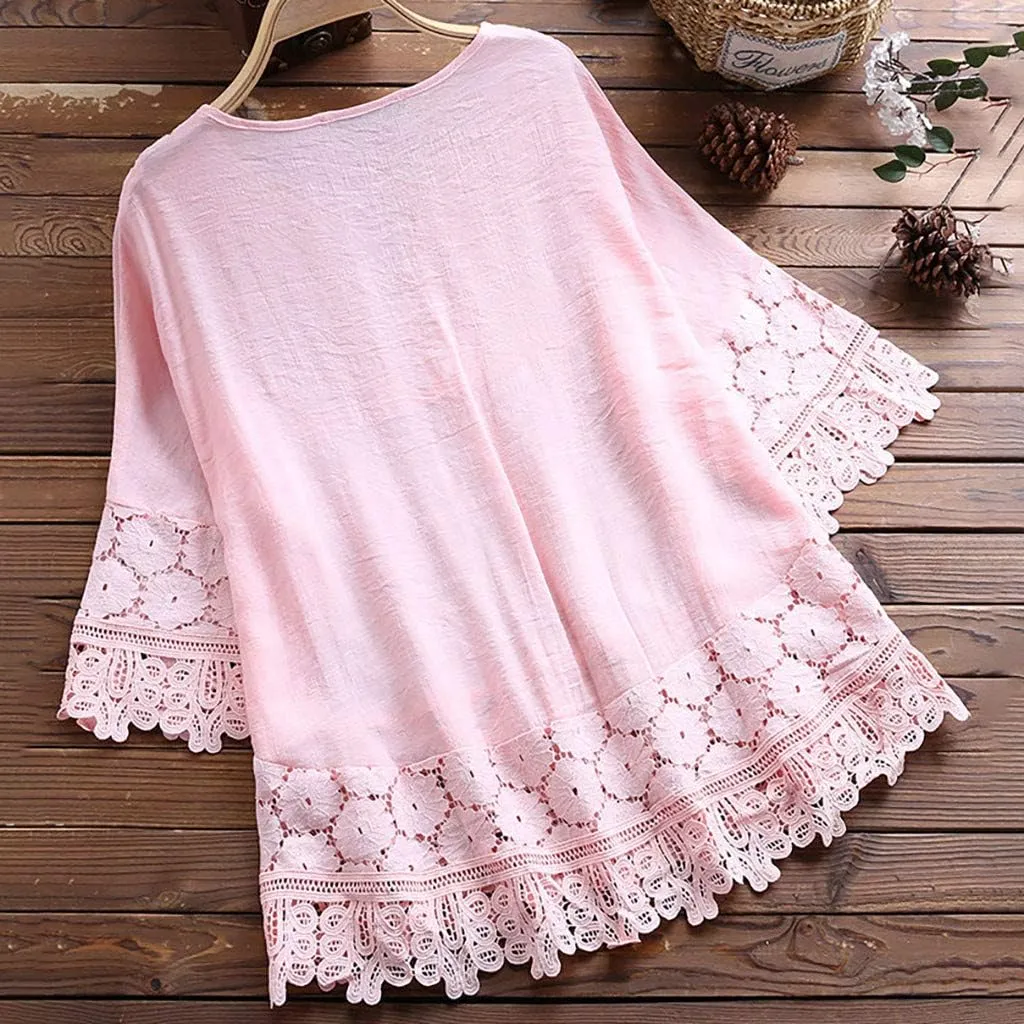 Plus Size Cotton Linen Tops Women Floral Decor Lace Shirts Cute Boho Tunic Tops Half Sleeve Tees Holiday Pullovers