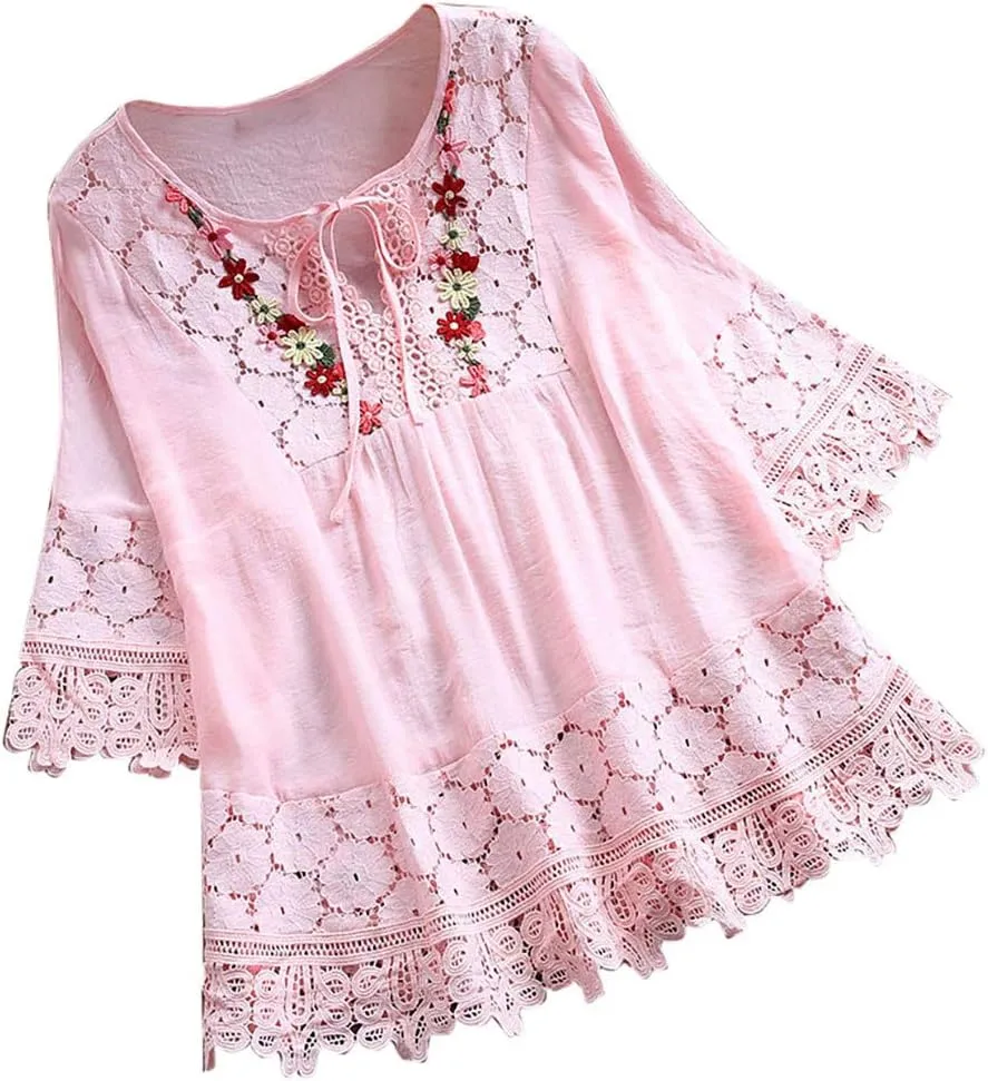 Plus Size Cotton Linen Tops Women Floral Decor Lace Shirts Cute Boho Tunic Tops Half Sleeve Tees Holiday Pullovers