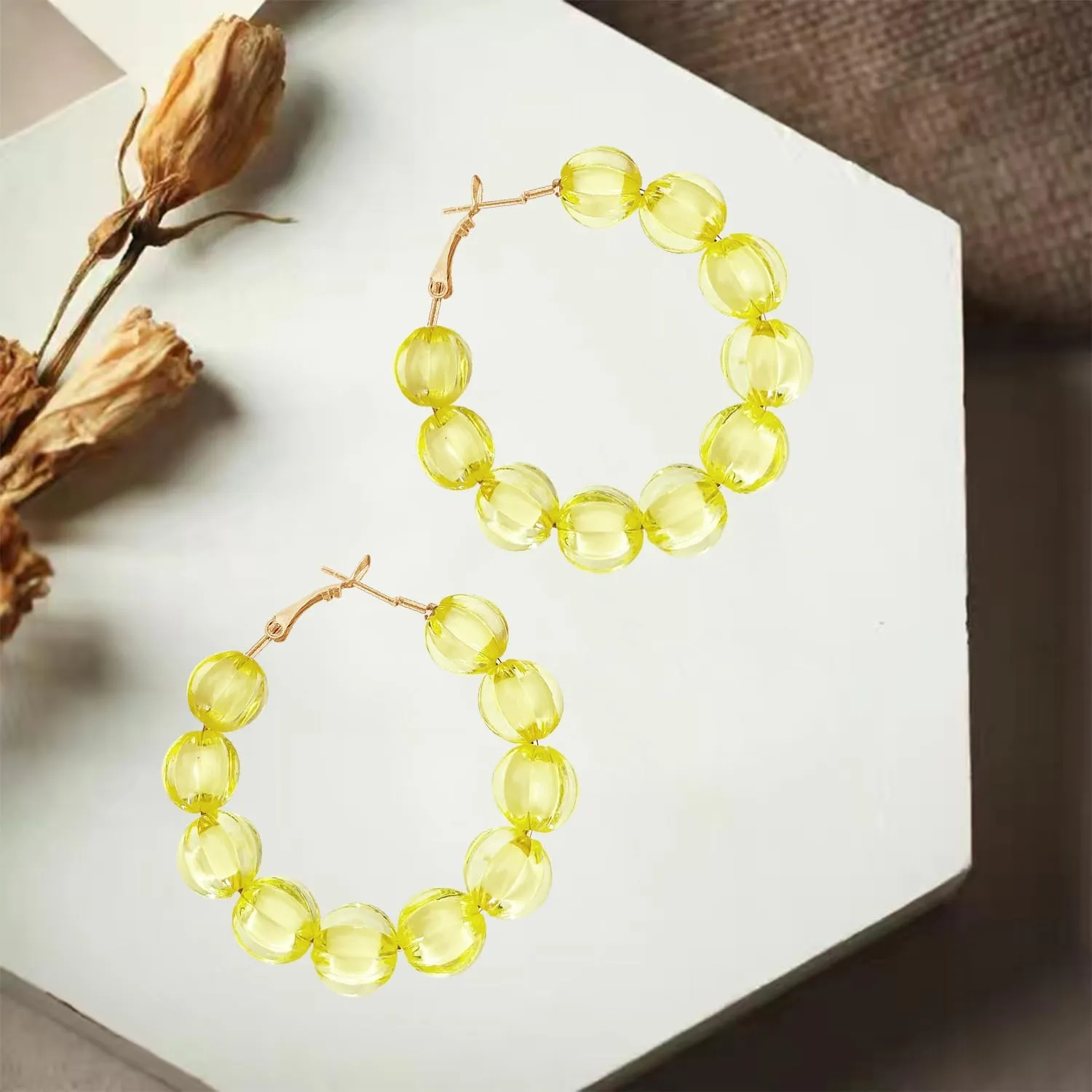 Pumpkin Shaped Candy Color Translucent Shiny Acrylic Bead Dangle Drop Earrings Bohemian Lantern Shaped Minimalist Beaded Hoop Earrings for Women