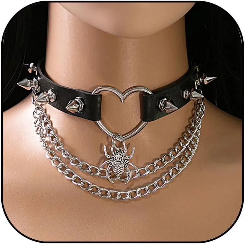 Punk Leather Choker Necklace for Women Gothic Bat Spider Collar Necklace Black Spike Choker Necklaces Halloween Accessories