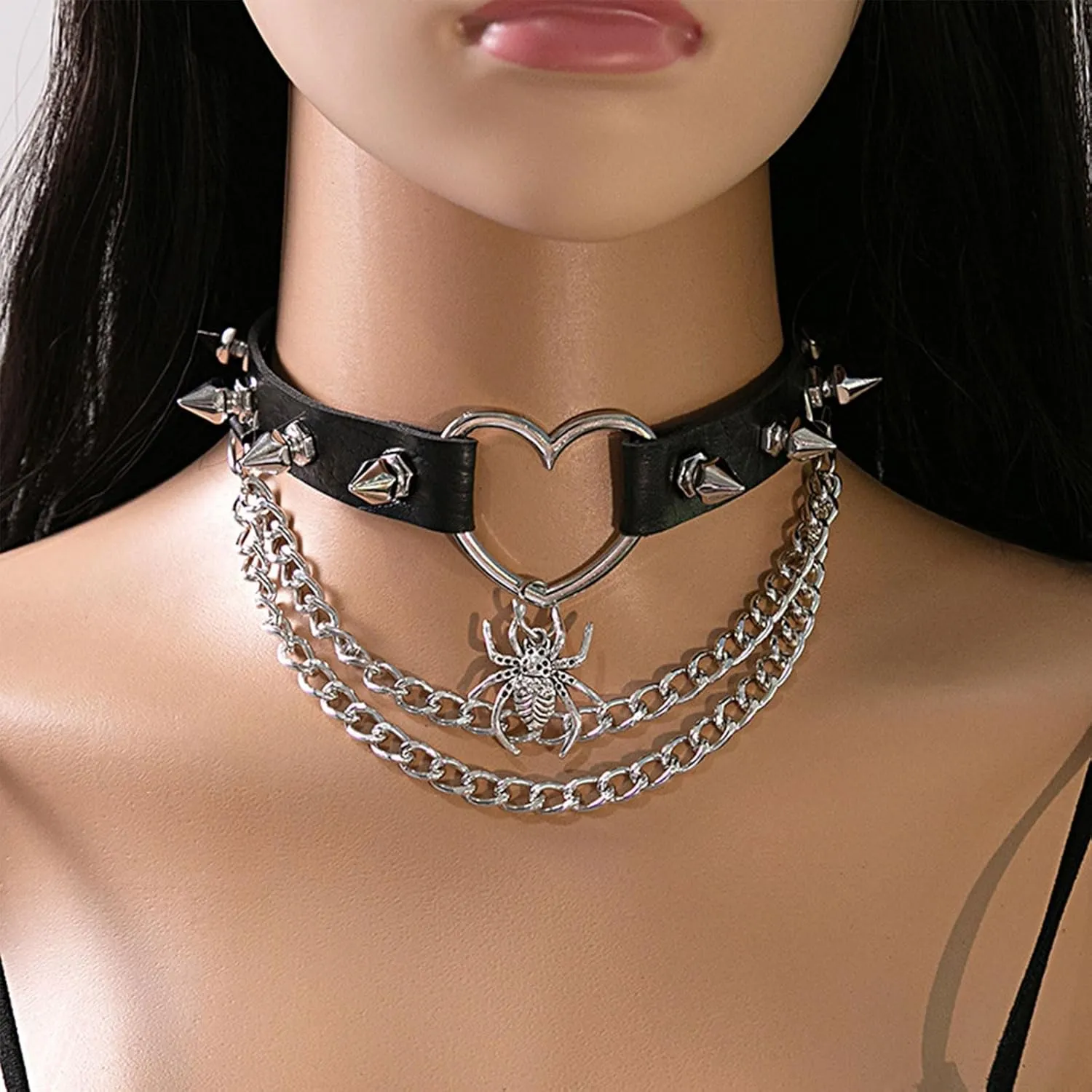 Punk Leather Choker Necklace for Women Gothic Bat Spider Collar Necklace Black Spike Choker Necklaces Halloween Accessories