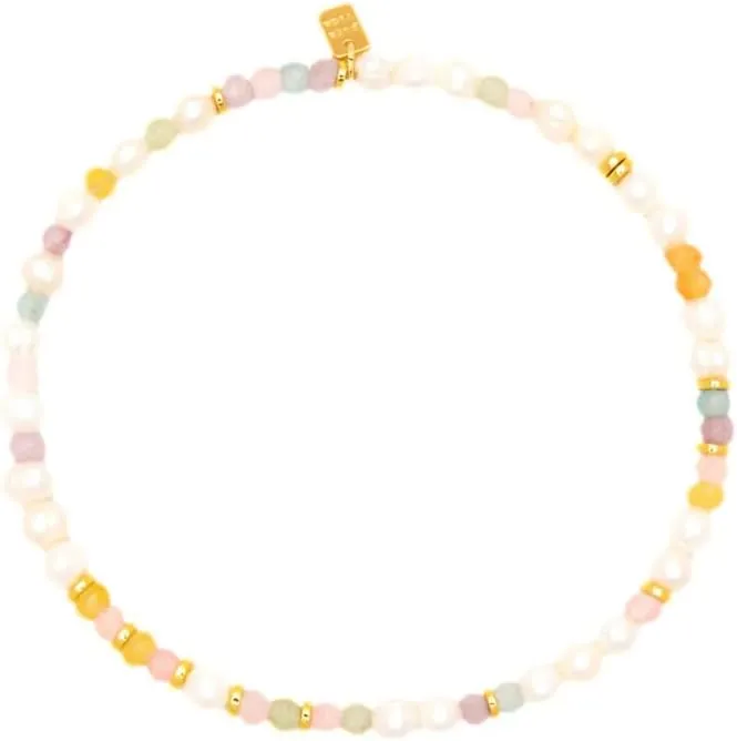 Pura Vida Venice Stretch Anklet, Freshwater Pearl and Pastel Beads, Gold Accents