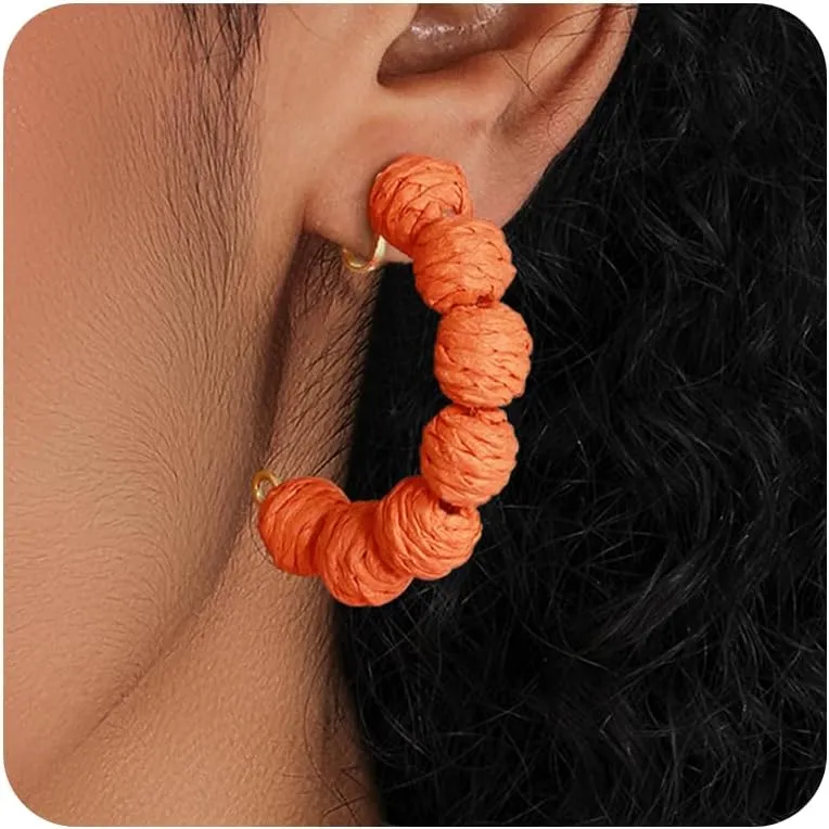 Raffia Hoop Cilp on Earrings for Women Boho Colorful Rainbow Beaded Cilp on Earrings Bohemian Statement Rattan Cilp on Earrings Jewelry for Summer
