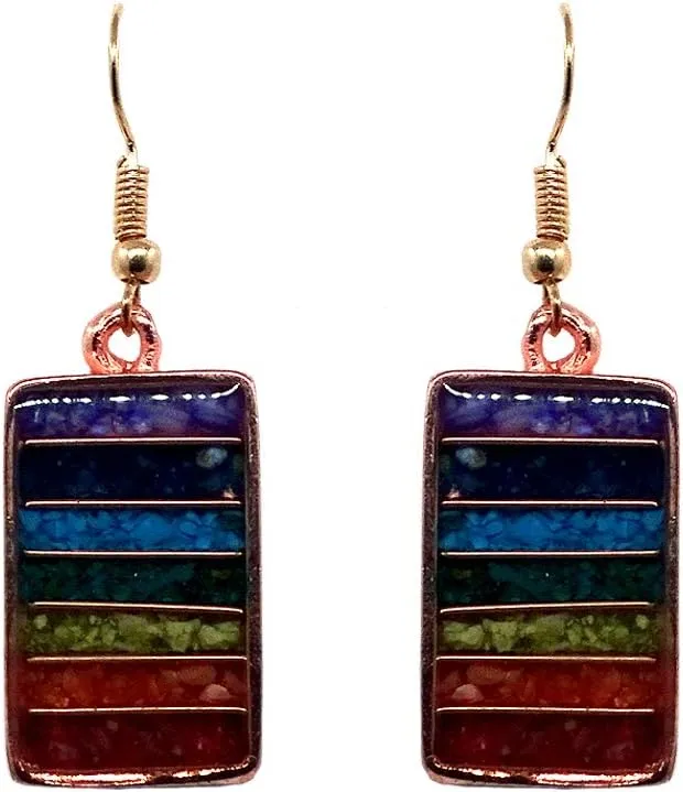 Rainbow Chakra Striped Rectangle Crushed Chip Stone Inlay Copper Metal Dangle Earrings - Womens Fashion Handmade Jewelry Boho Accessories