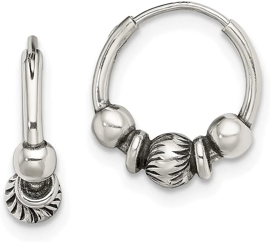 Real 925 Sterling Silver Vintage Antiqued Beaded Endless Hoop Earrings - 13mm x 12mm