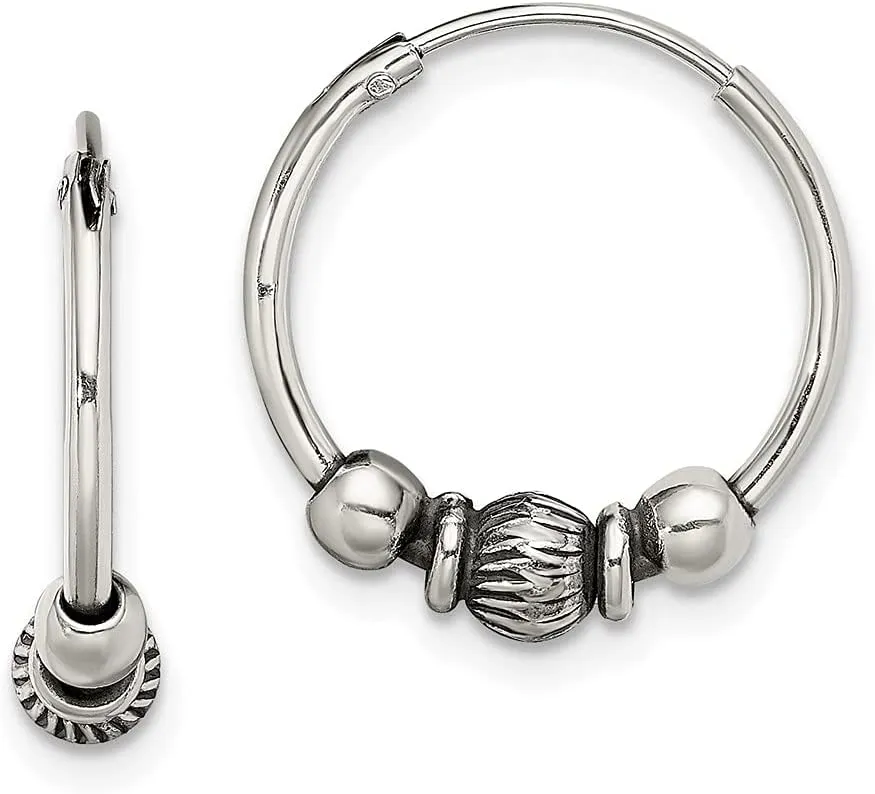 Real 925 Sterling Silver Vintage Antiqued Beaded Endless Hoop Earrings - 16mm x 16mm