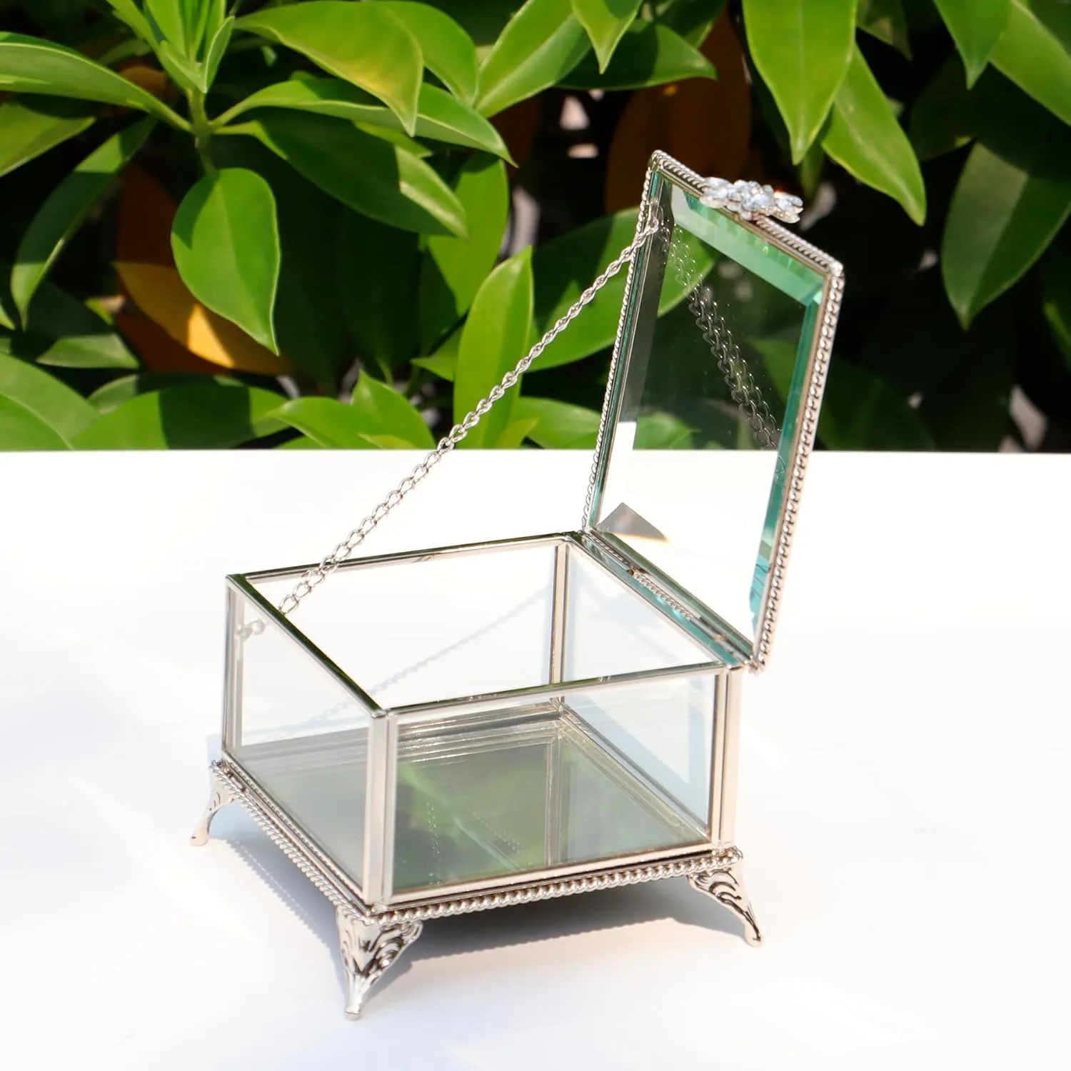 Rectangular Vintage Glass Jewelry Box with Hinged Lid, Jewelry Ring, Bracelet, Souvenir Metal Display Box, Transparent Storage Box.(4.3x4.3x3.5Inches)