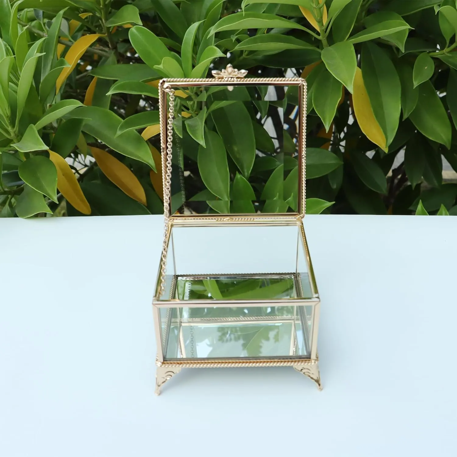 Rectangular Vintage Glass Jewelry Box with Hinged Lid, Jewelry Ring, Bracelet, Souvenir Metal Display Box, Transparent Storage Box.(4.3x4.3x3.5Inches)