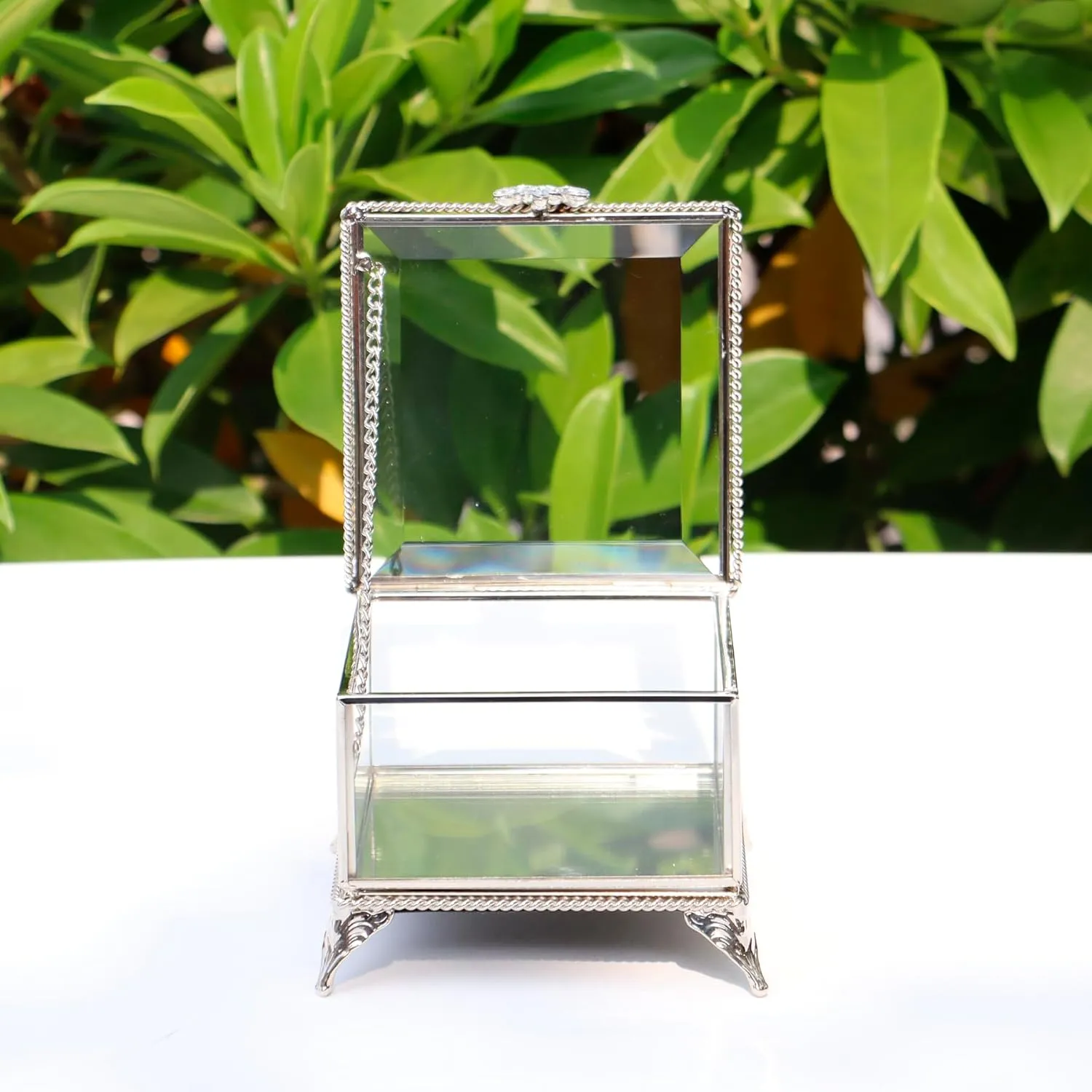 Rectangular Vintage Glass Jewelry Box with Hinged Lid, Jewelry Ring, Bracelet, Souvenir Metal Display Box, Transparent Storage Box.(4.3x4.3x3.5Inches)