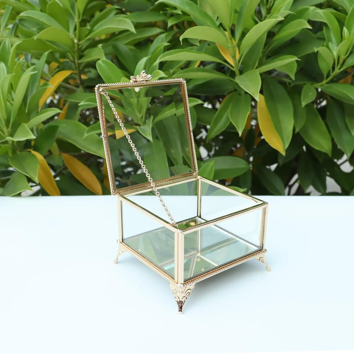 Rectangular Vintage Glass Jewelry Box with Hinged Lid, Jewelry Ring, Bracelet, Souvenir Metal Display Box, Transparent Storage Box.(4.3x4.3x3.5Inches)