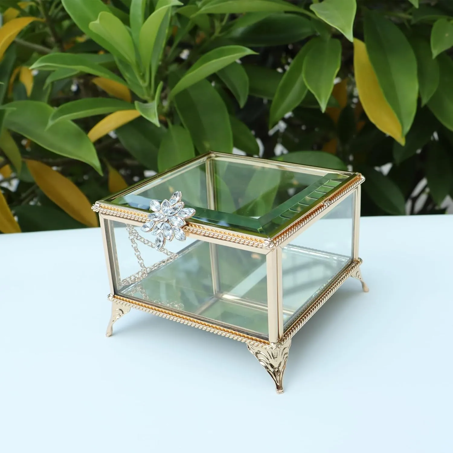 Rectangular Vintage Glass Jewelry Box with Hinged Lid, Jewelry Ring, Bracelet, Souvenir Metal Display Box, Transparent Storage Box.(4.3x4.3x3.5Inches)
