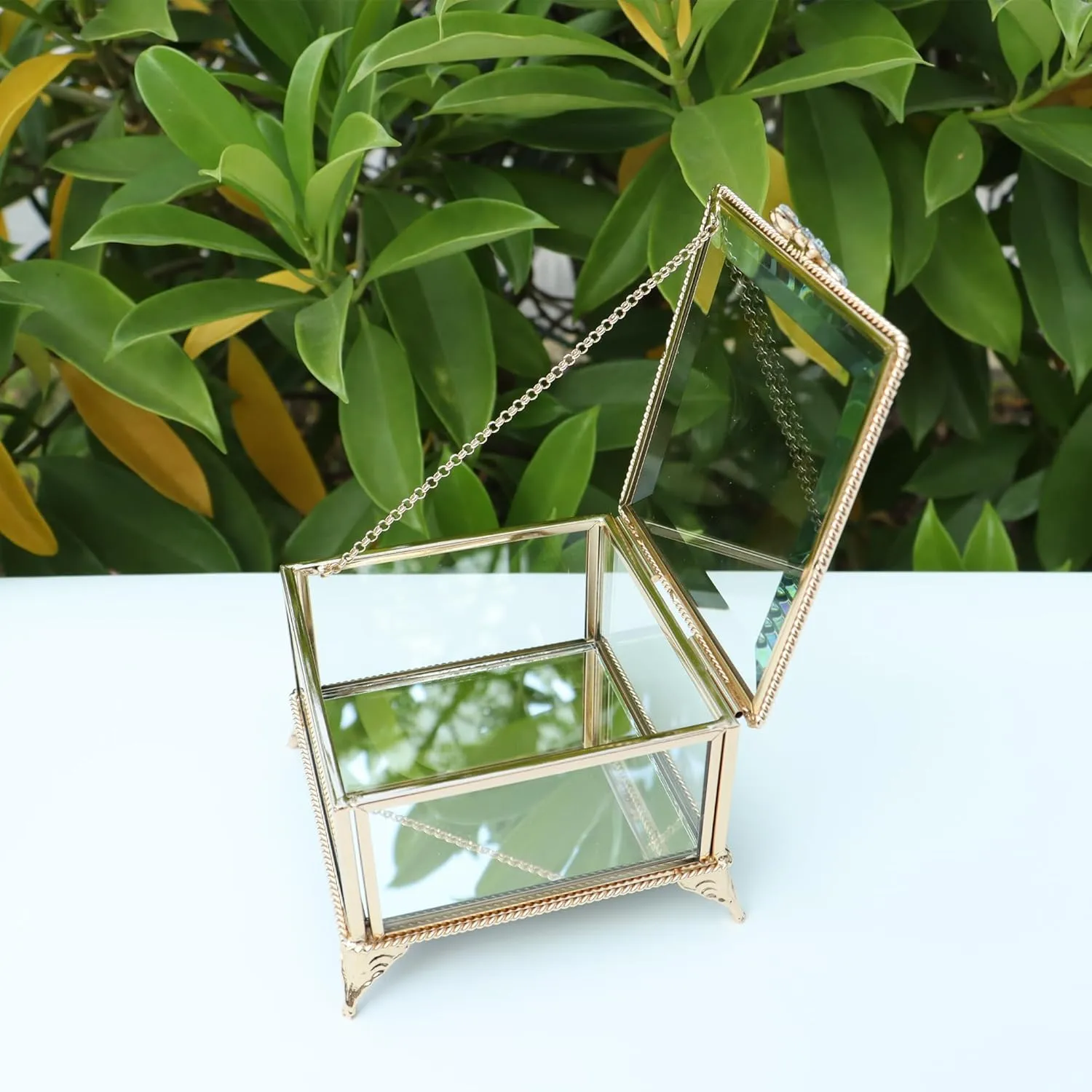Rectangular Vintage Glass Jewelry Box with Hinged Lid, Jewelry Ring, Bracelet, Souvenir Metal Display Box, Transparent Storage Box.(4.3x4.3x3.5Inches)