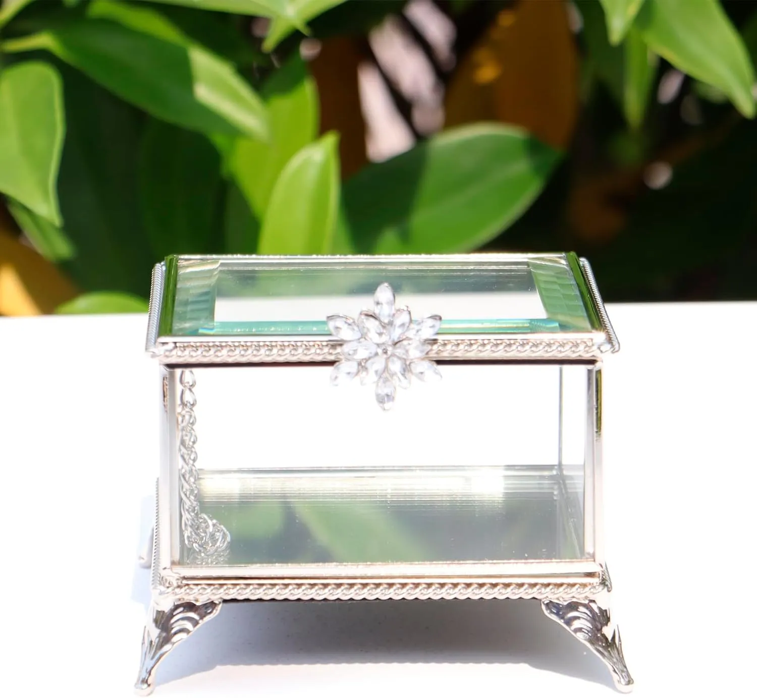 Rectangular Vintage Glass Jewelry Box with Hinged Lid, Jewelry Ring, Bracelet, Souvenir Metal Display Box, Transparent Storage Box.(4.3x4.3x3.5Inches)