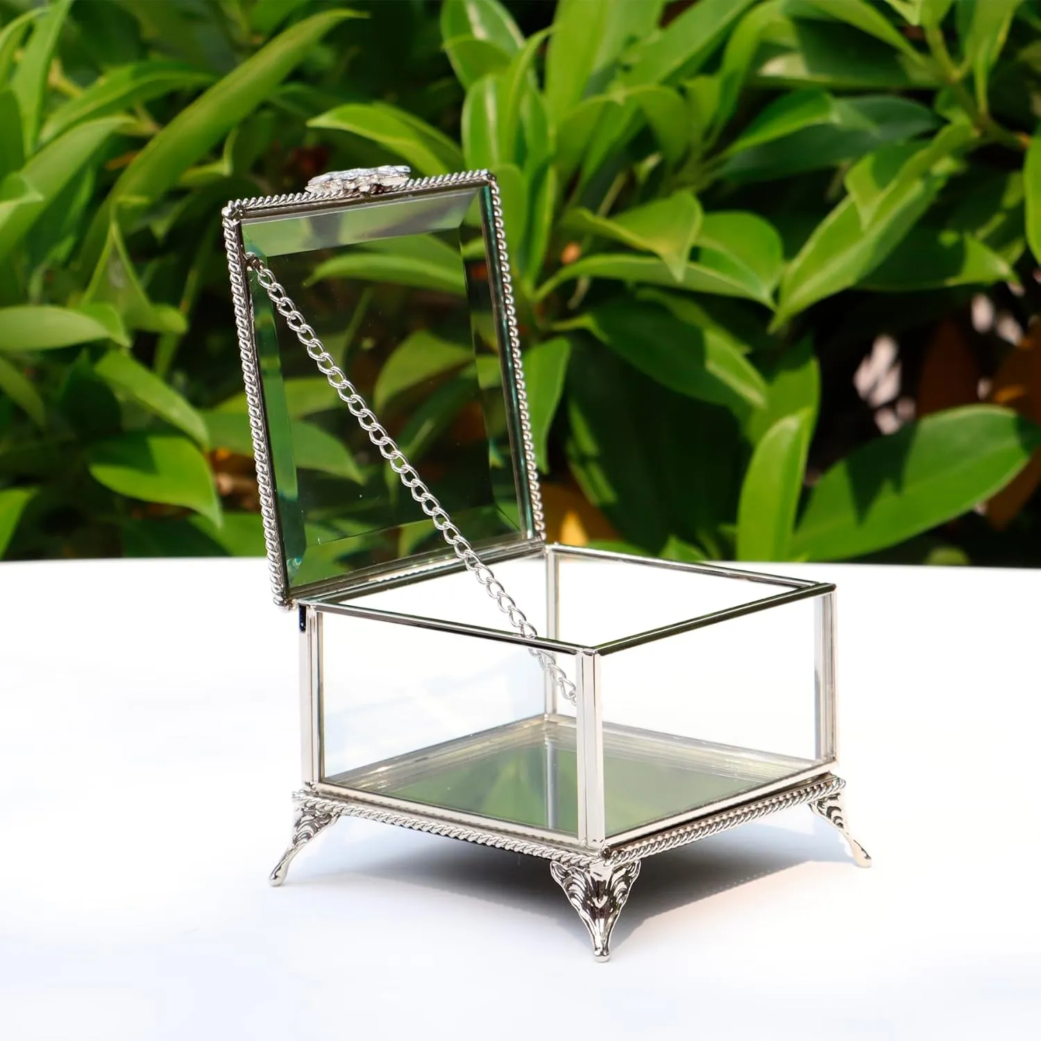 Rectangular Vintage Glass Jewelry Box with Hinged Lid, Jewelry Ring, Bracelet, Souvenir Metal Display Box, Transparent Storage Box.(4.3x4.3x3.5Inches)