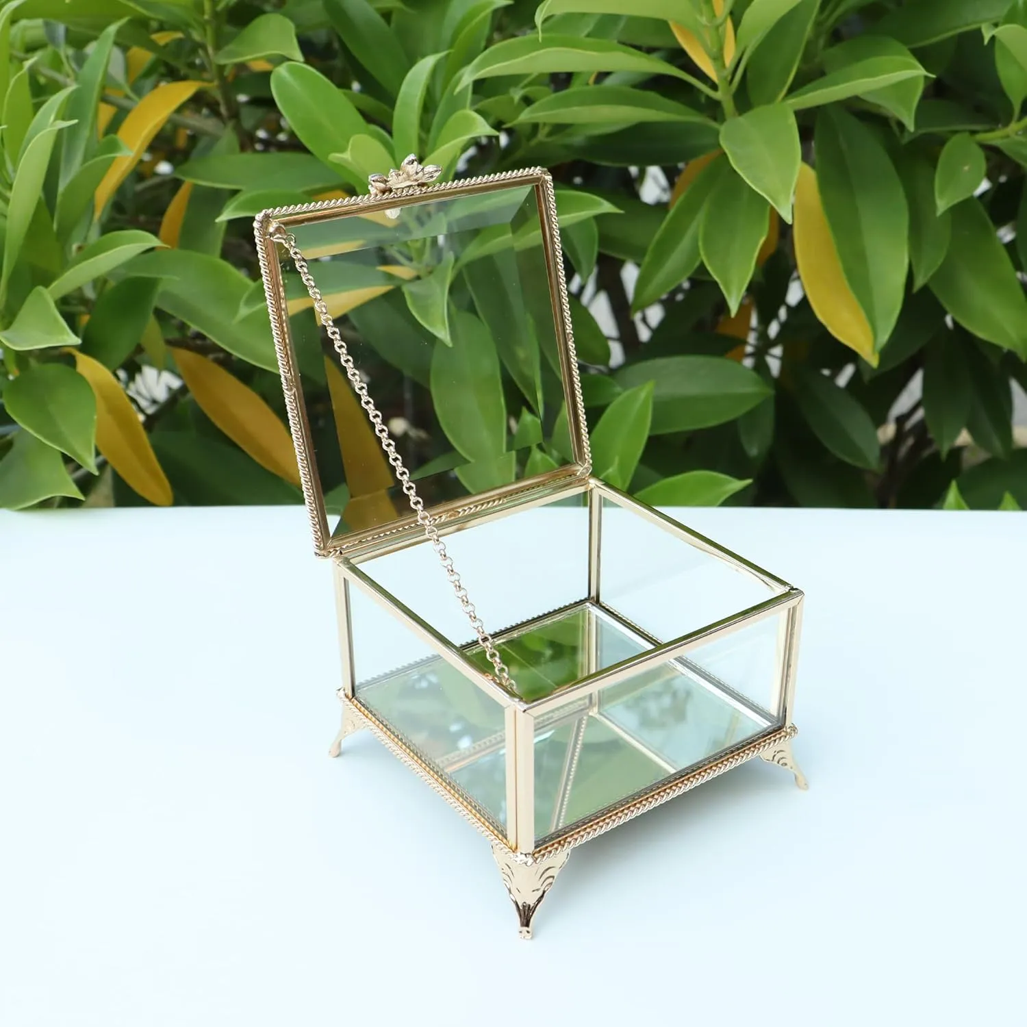 Rectangular Vintage Glass Jewelry Box with Hinged Lid, Jewelry Ring, Bracelet, Souvenir Metal Display Box, Transparent Storage Box.(4.3x4.3x3.5Inches)