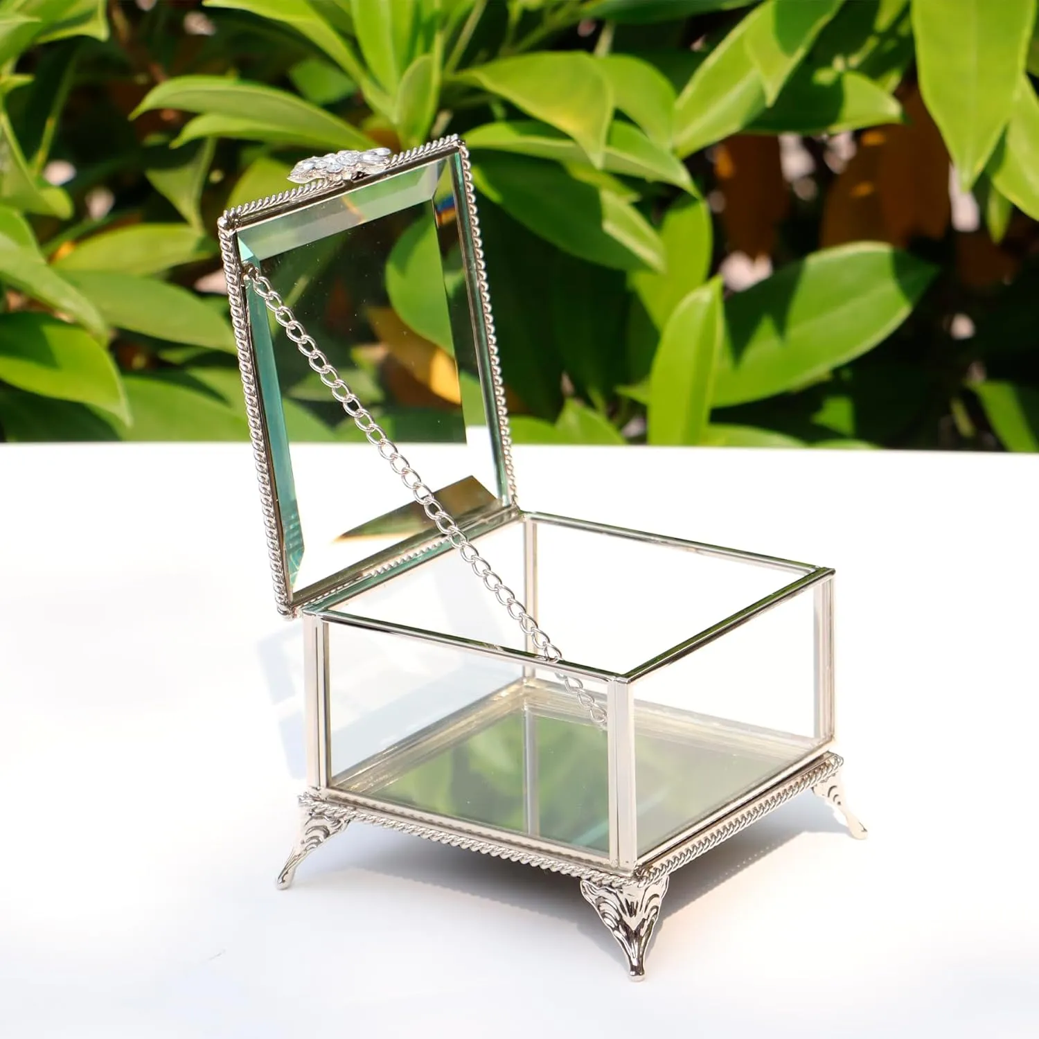 Rectangular Vintage Glass Jewelry Box with Hinged Lid, Jewelry Ring, Bracelet, Souvenir Metal Display Box, Transparent Storage Box.(4.3x4.3x3.5Inches)