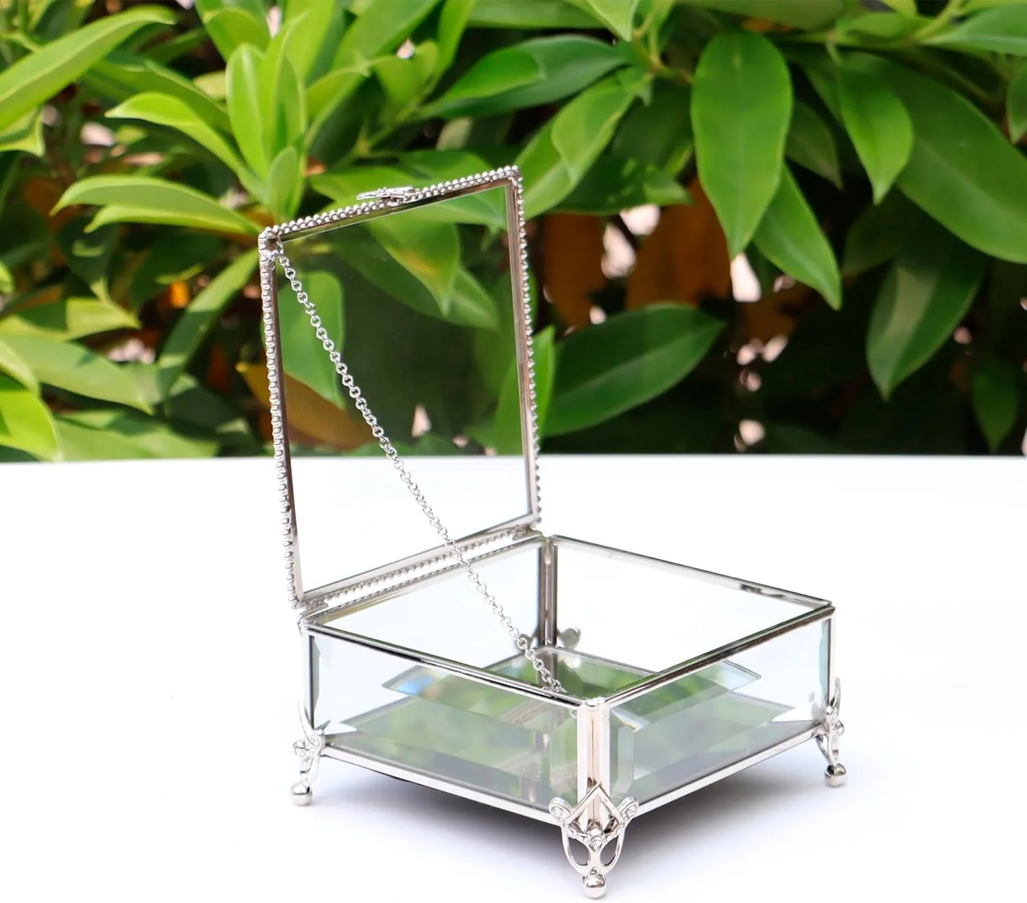 Rectangular Vintage Glass Jewelry Box with Hinged Lid, Jewelry Ring, Bracelet, Souvenir Metal Display Box, Transparent Storage Box.(5.2x5.2x2.7Inches)