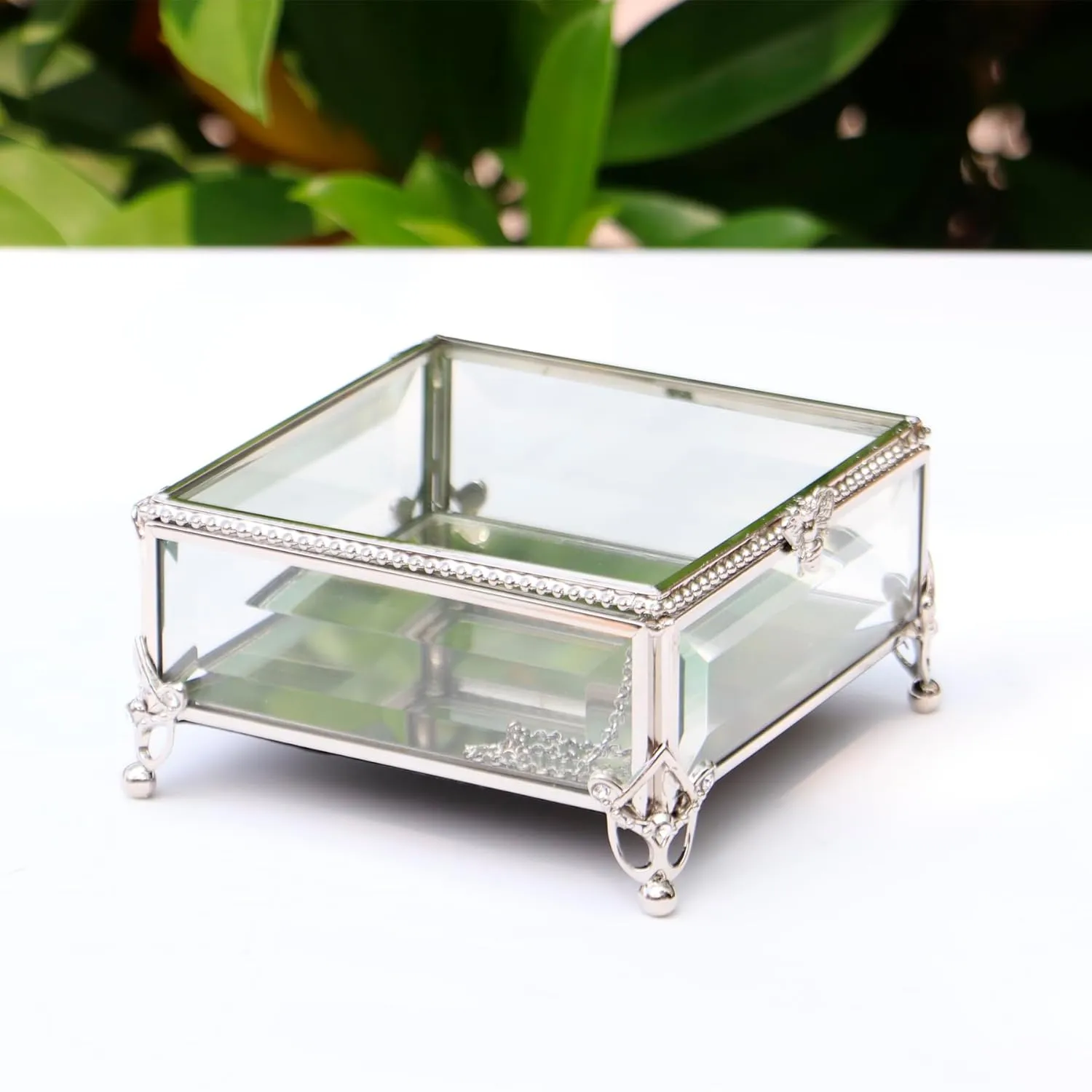 Rectangular Vintage Glass Jewelry Box with Hinged Lid, Jewelry Ring, Bracelet, Souvenir Metal Display Box, Transparent Storage Box.(5.2x5.2x2.7Inches)
