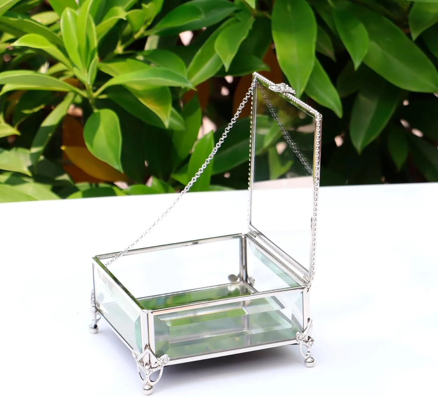 Rectangular Vintage Glass Jewelry Box with Hinged Lid, Jewelry Ring, Bracelet, Souvenir Metal Display Box, Transparent Storage Box.(5.2x5.2x2.7Inches)