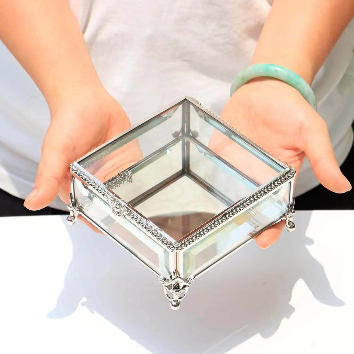Rectangular Vintage Glass Jewelry Box with Hinged Lid, Jewelry Ring, Bracelet, Souvenir Metal Display Box, Transparent Storage Box.(5.2x5.2x2.7Inches)