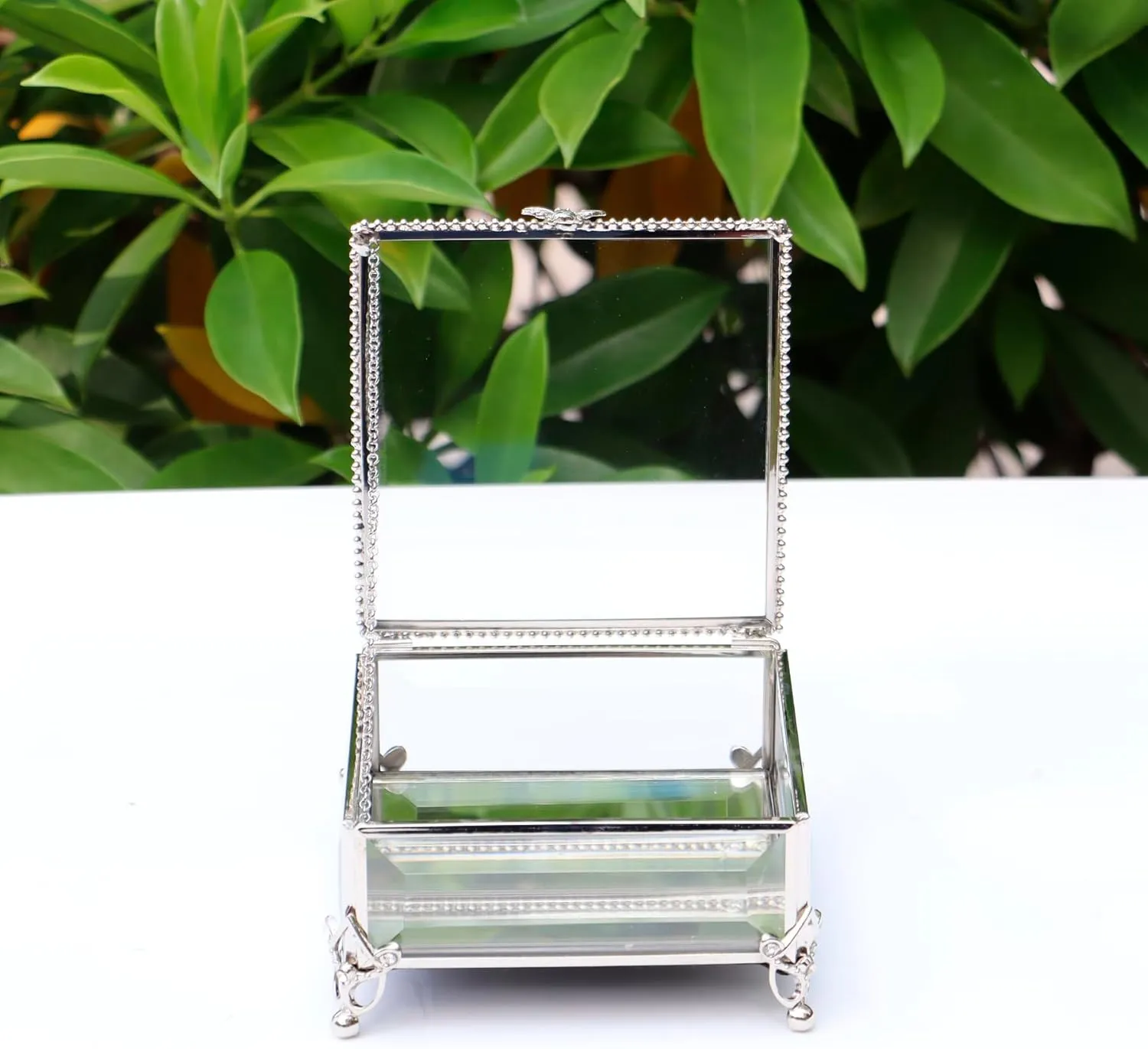 Rectangular Vintage Glass Jewelry Box with Hinged Lid, Jewelry Ring, Bracelet, Souvenir Metal Display Box, Transparent Storage Box.(5.2x5.2x2.7Inches)