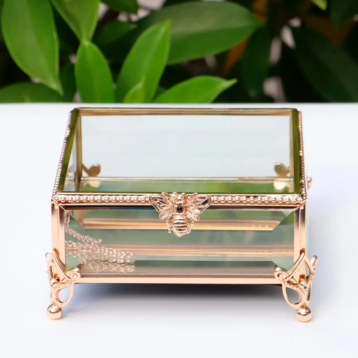 Rectangular Vintage Glass Jewelry Box with Hinged Lid,Jewelry Ring, Bracelet, Souvenir Metal Display Box, Transparent Storage Box.(5.2x5.2x2.7inches)